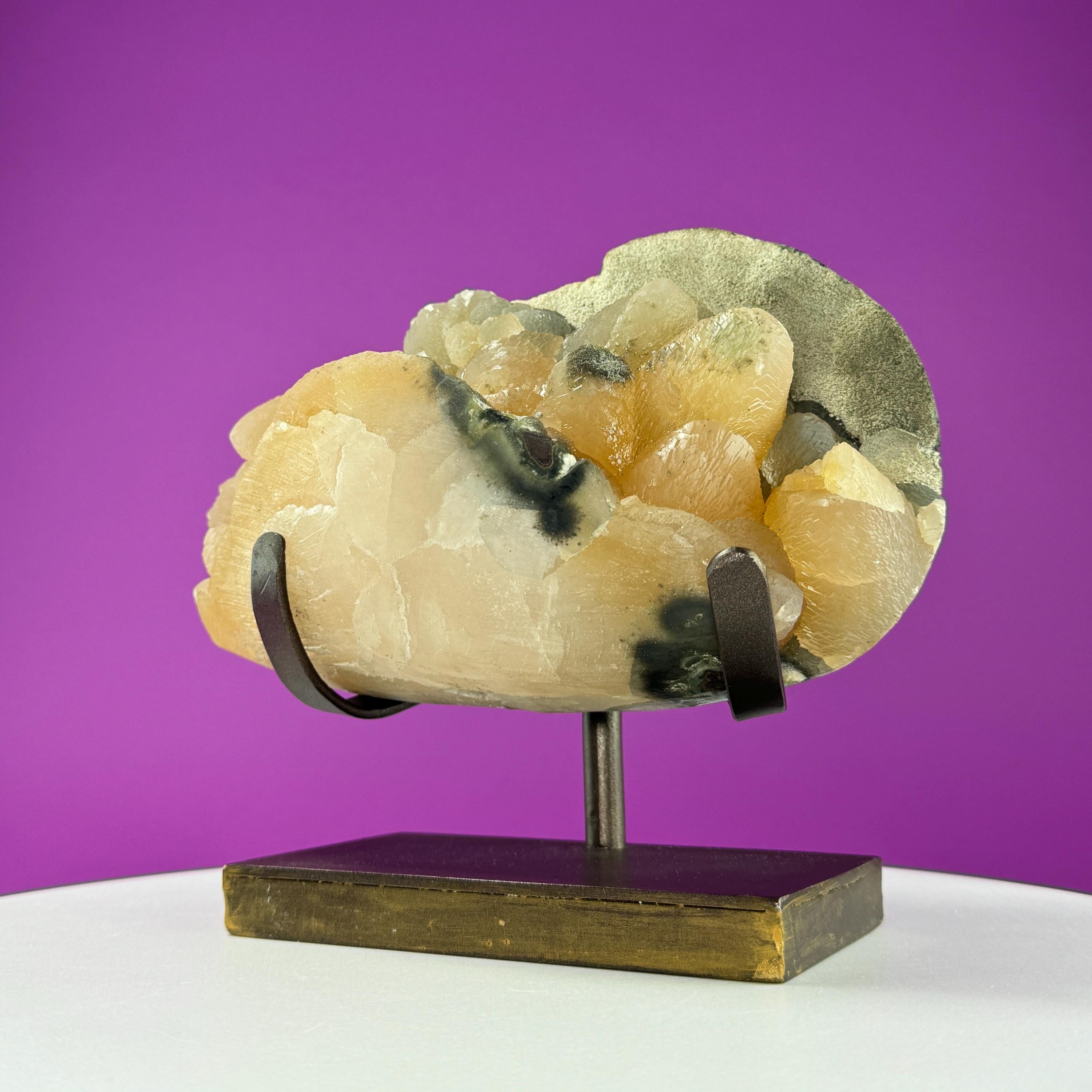 Honey Calcite Specimen from Uruguay with Custom Metal Stand
