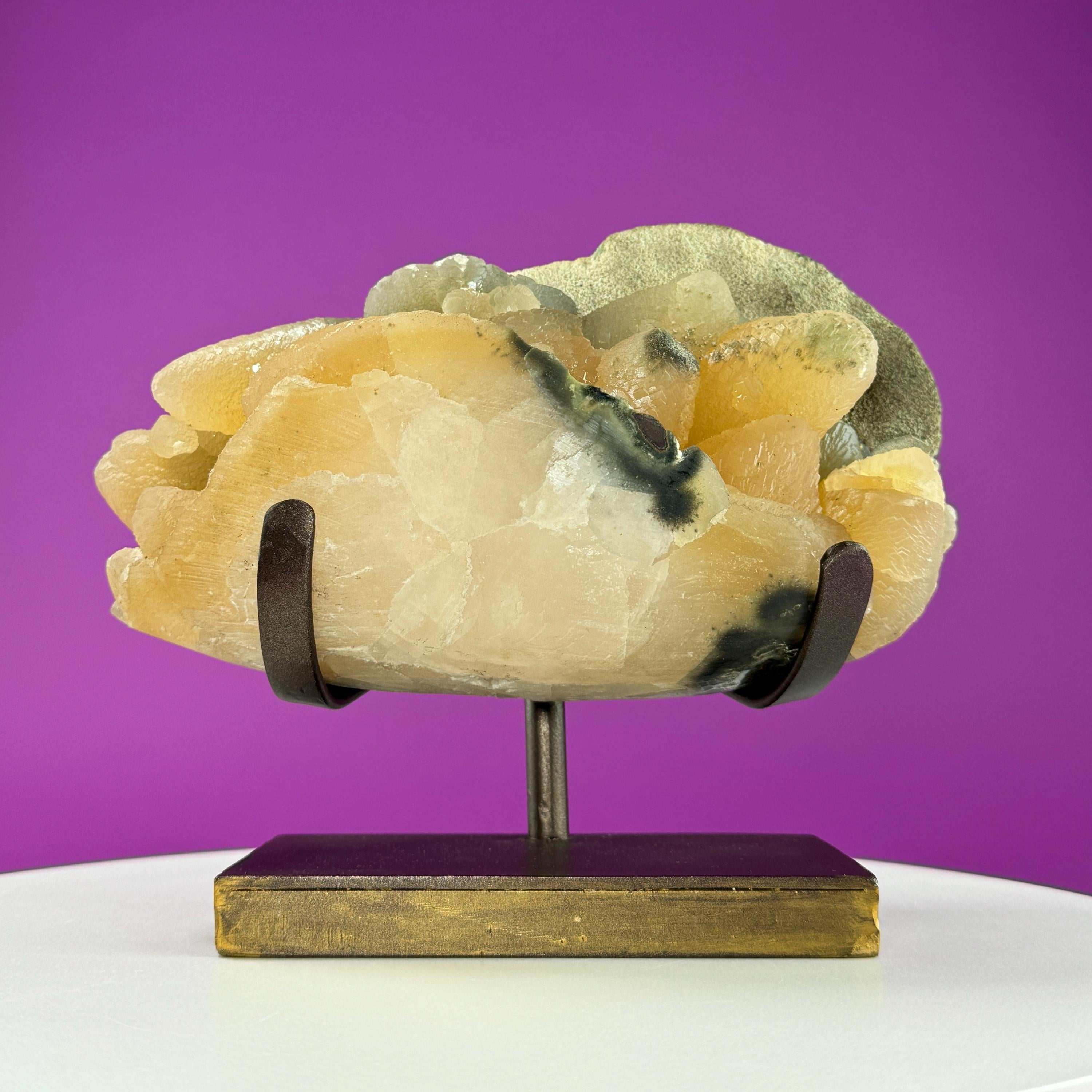 Honey Calcite Specimen from Uruguay with Custom Metal Stand