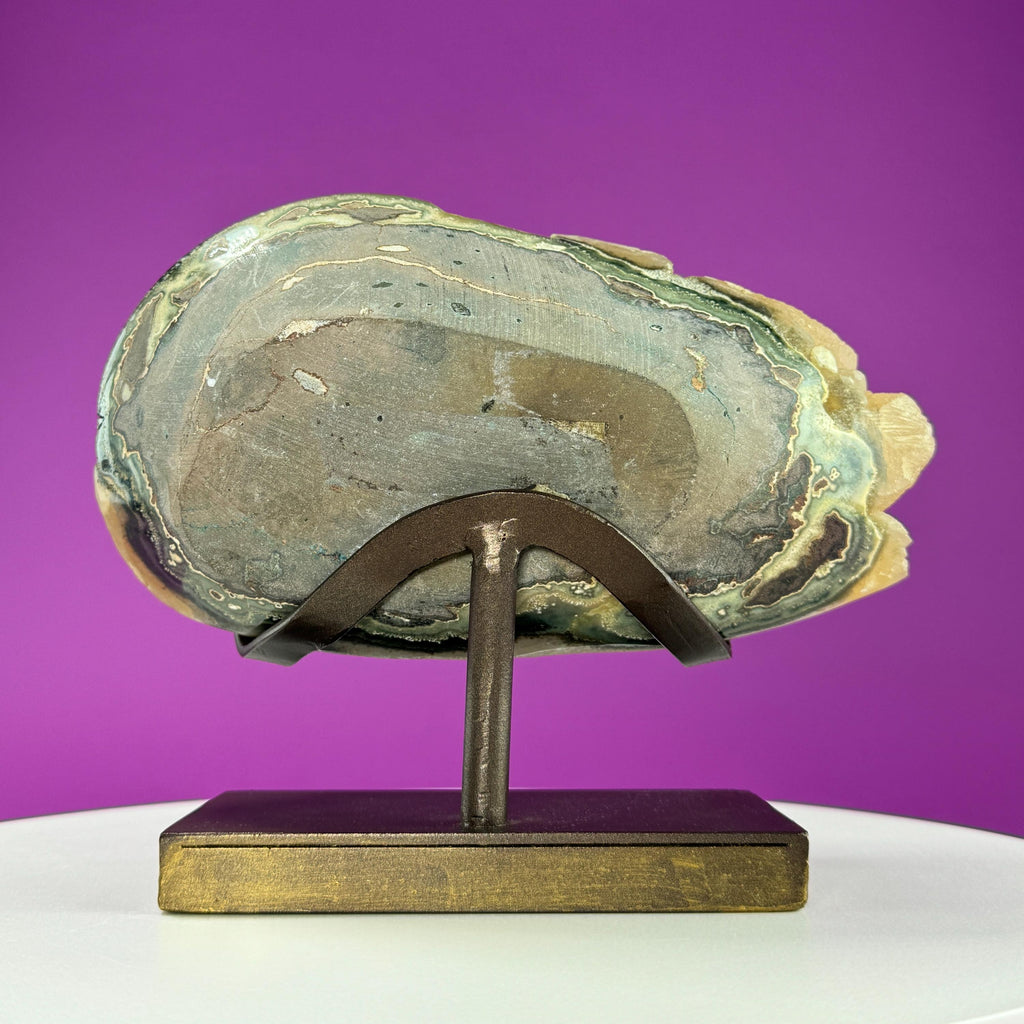 Honey Calcite Specimen from Uruguay with Custom Metal Stand