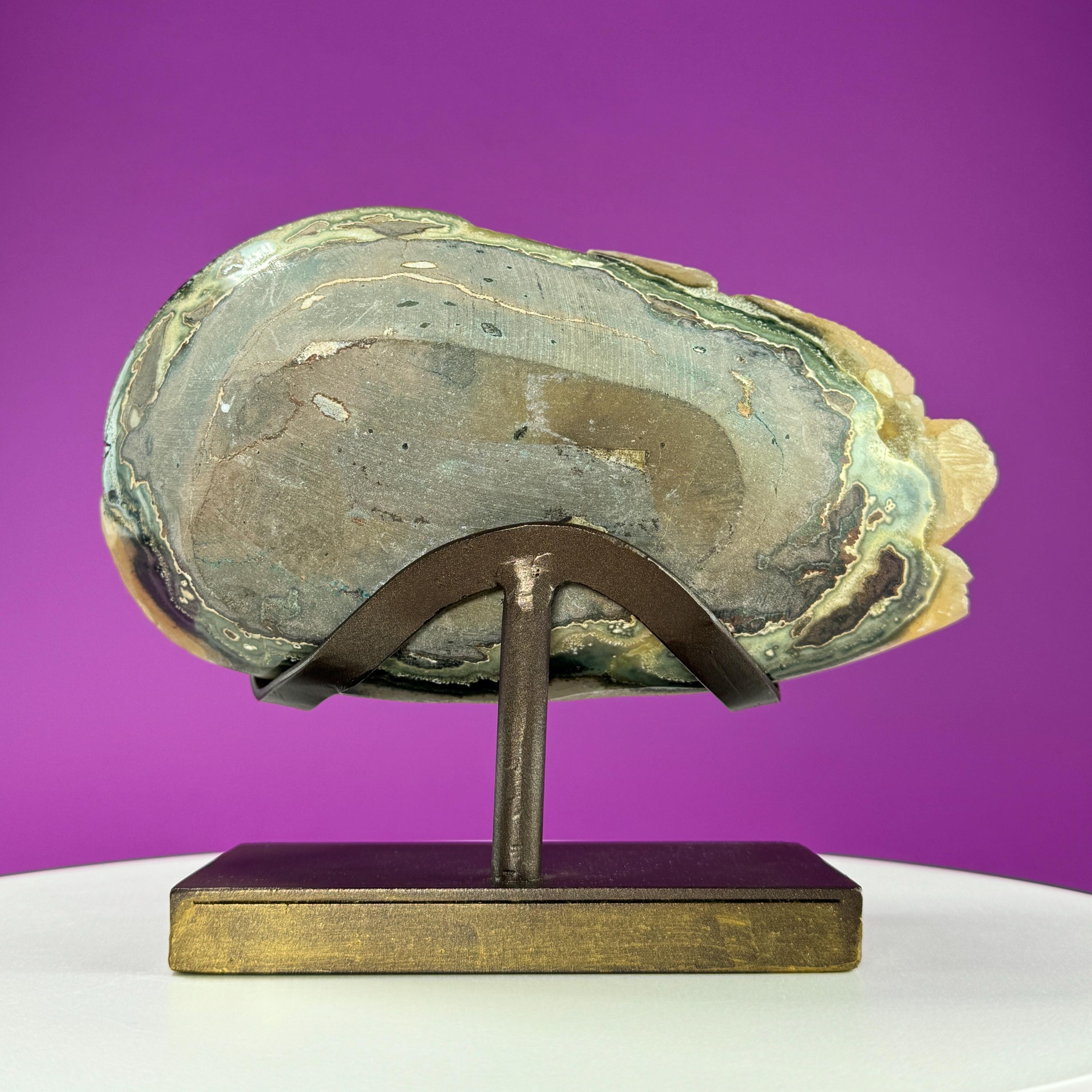 Honey Calcite Specimen from Uruguay with Custom Metal Stand