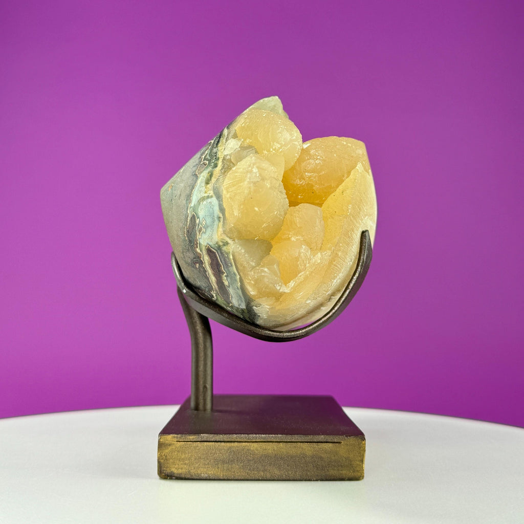 Honey Calcite Specimen from Uruguay with Custom Metal Stand