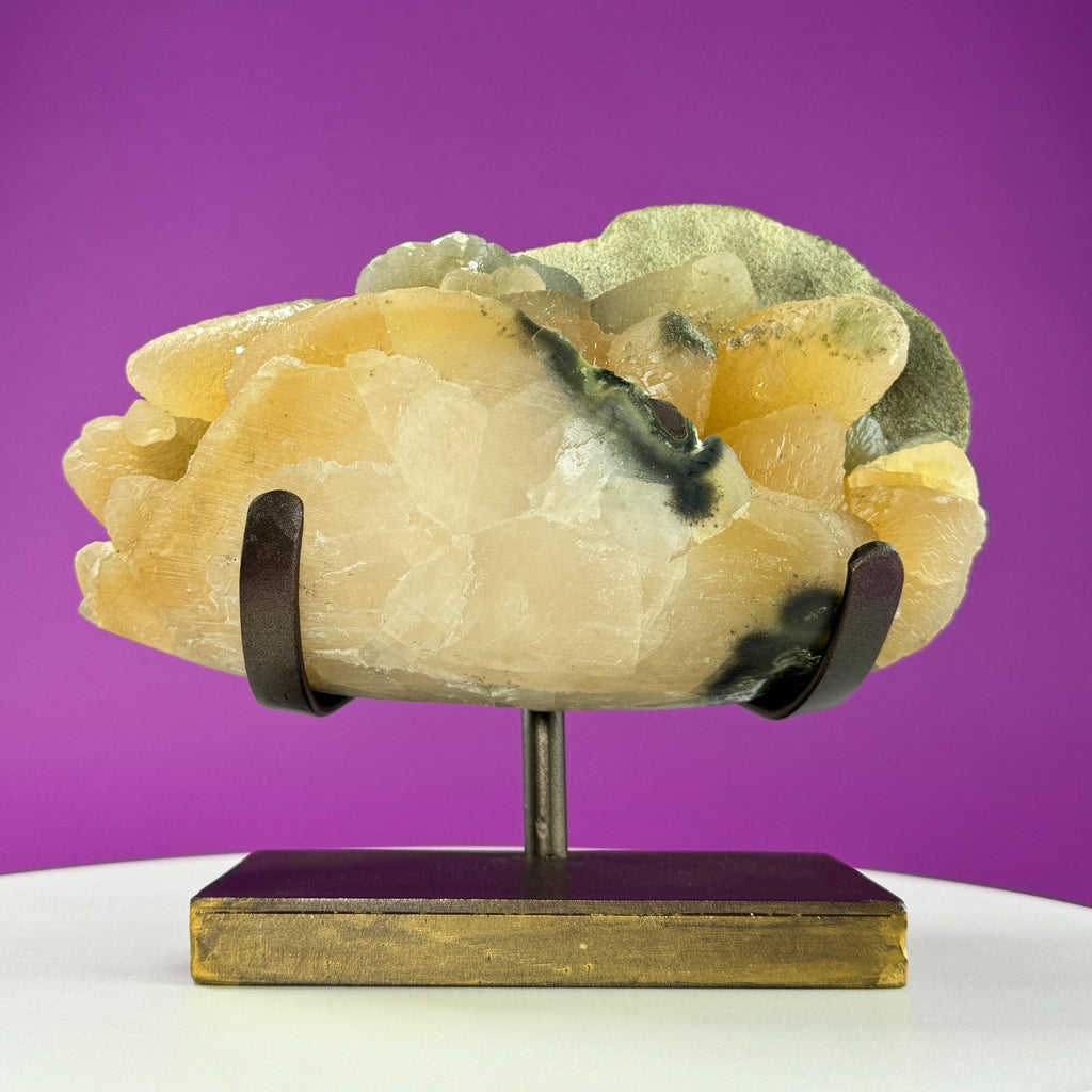 Honey Calcite Specimen from Uruguay with Custom Metal Stand