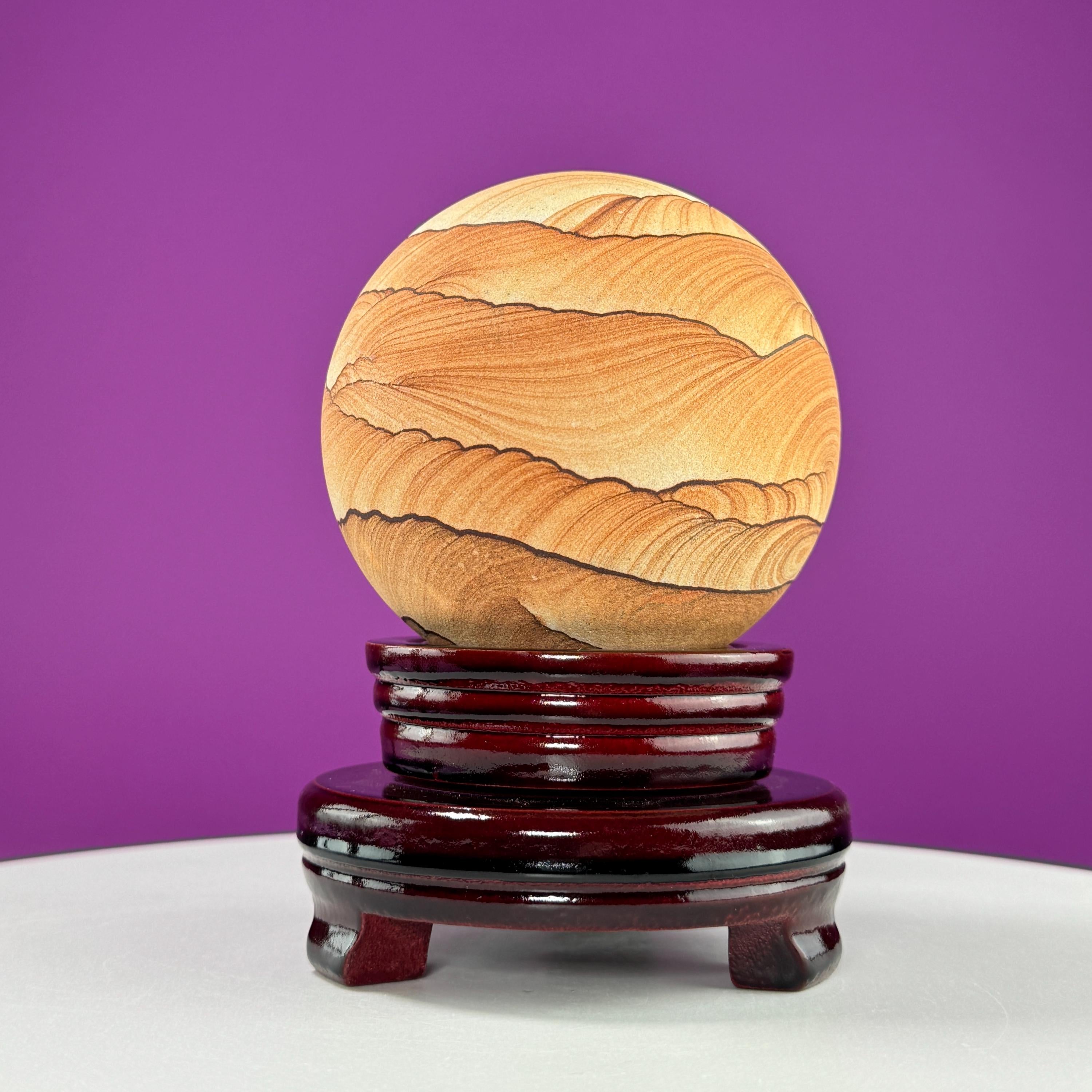 Sandstone Sphere 949g with Spinning Wood Stand – Large Collector Display