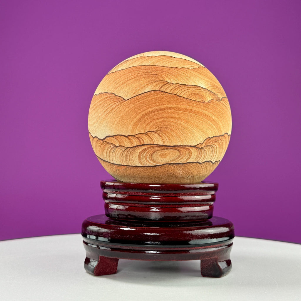 Sandstone Sphere 949g with Spinning Wood Stand – Large Collector Display