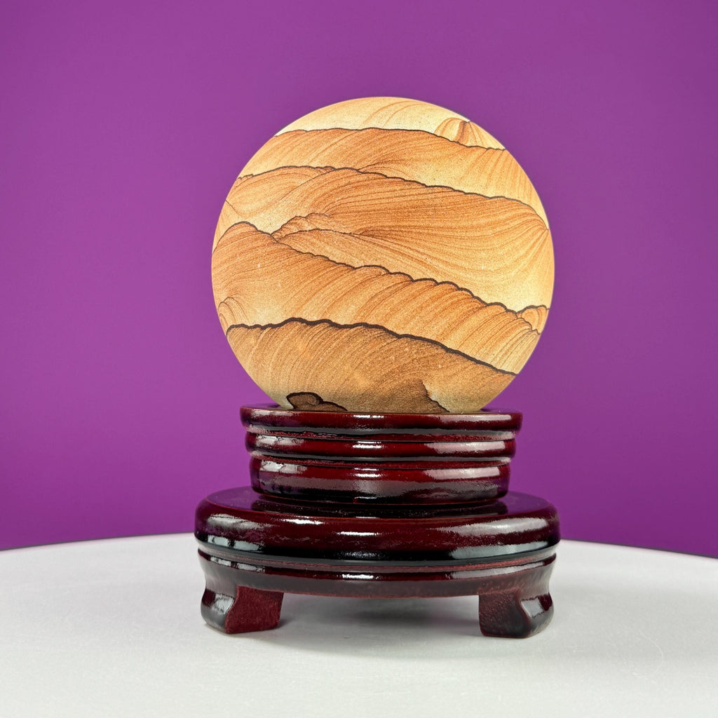 Sandstone Sphere 949g with Spinning Wood Stand – Large Collector Display