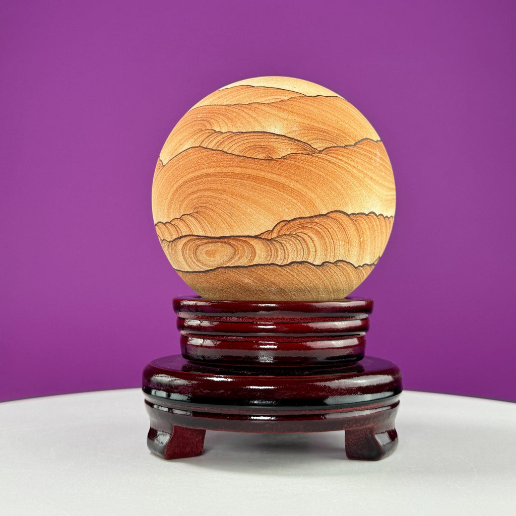Sandstone Sphere 949g with Spinning Wood Stand – Large Collector Display
