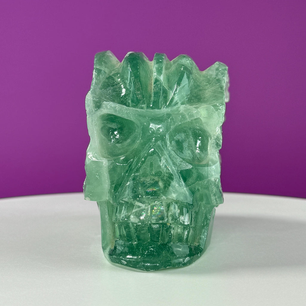 Green Fluorite Collector Skull – 1,743g UV Reactive Statement Carving