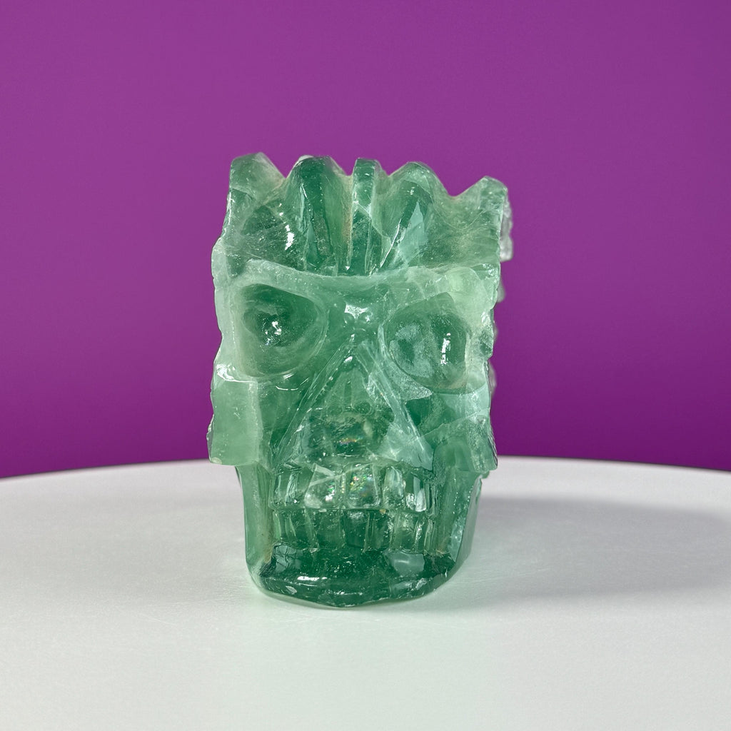 Green Fluorite Collector Skull – 1,743g UV Reactive Statement Carving