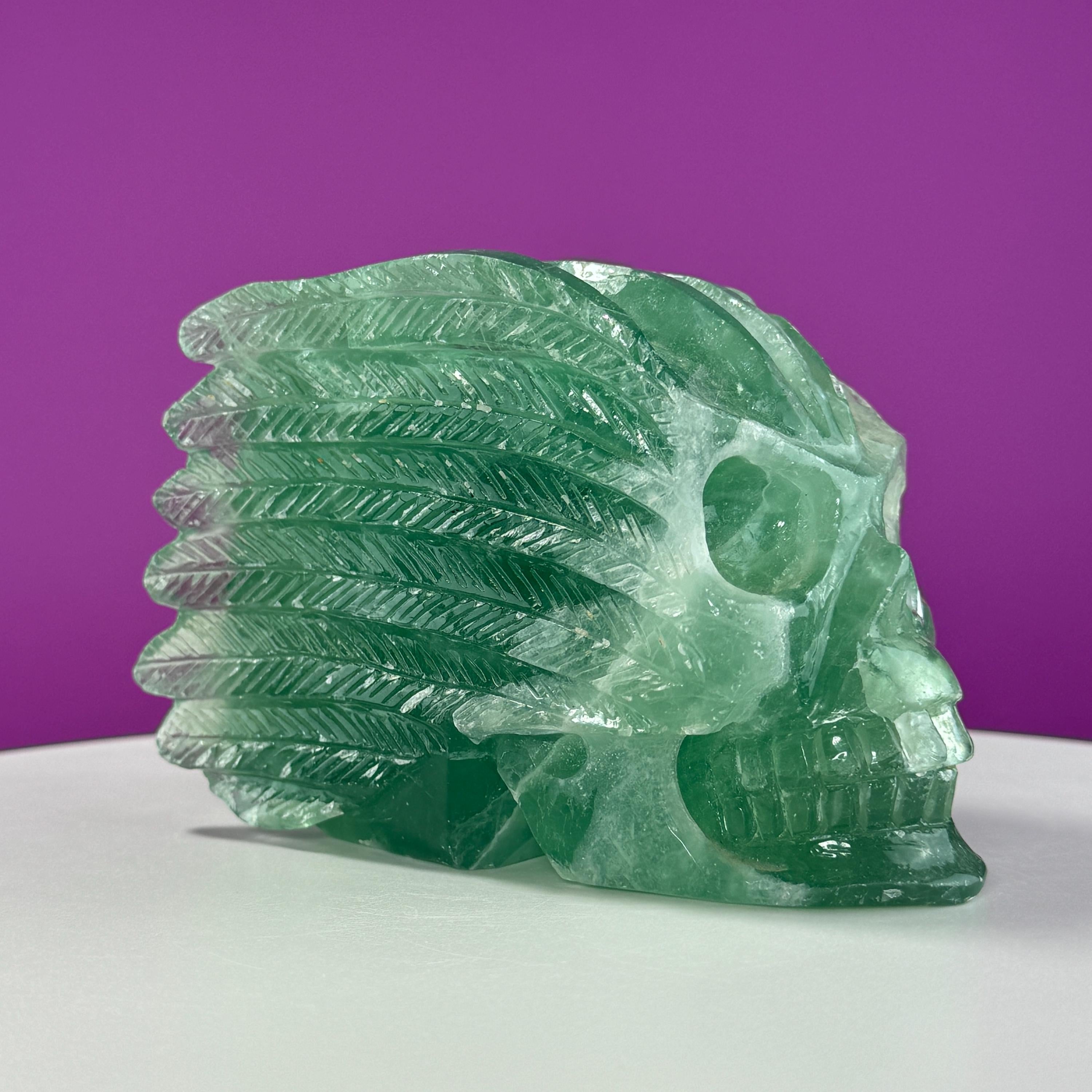 Green Fluorite Collector Skull – 1,743g UV Reactive Statement Carving