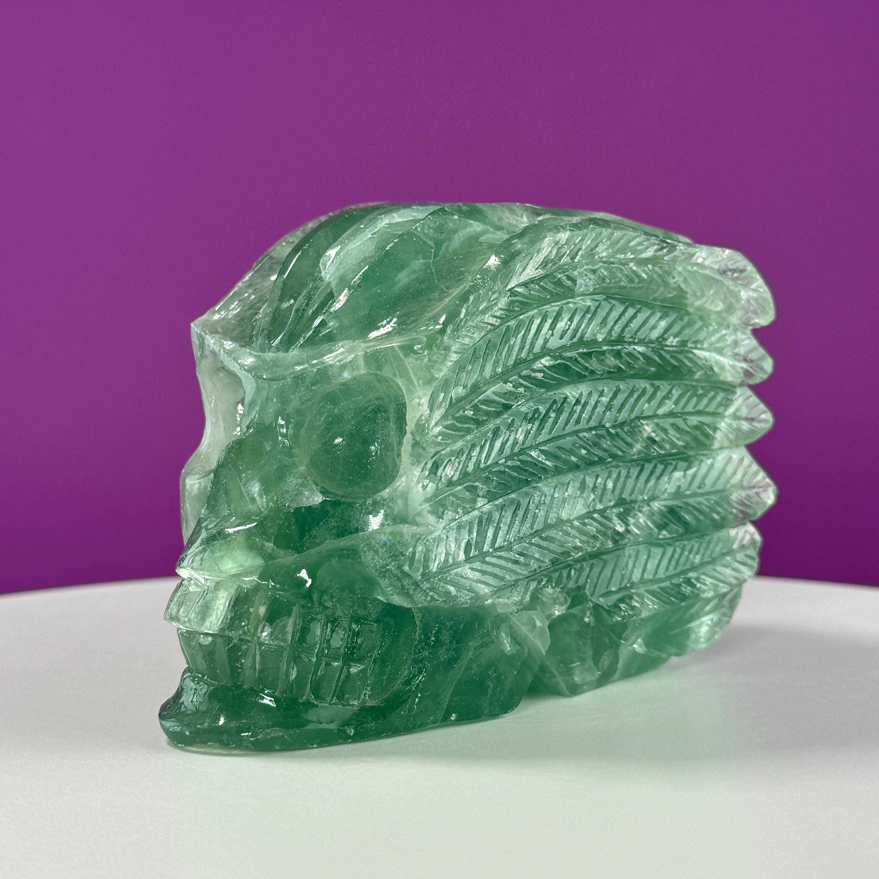 Green Fluorite Collector Skull – 1,743g UV Reactive Statement Carving