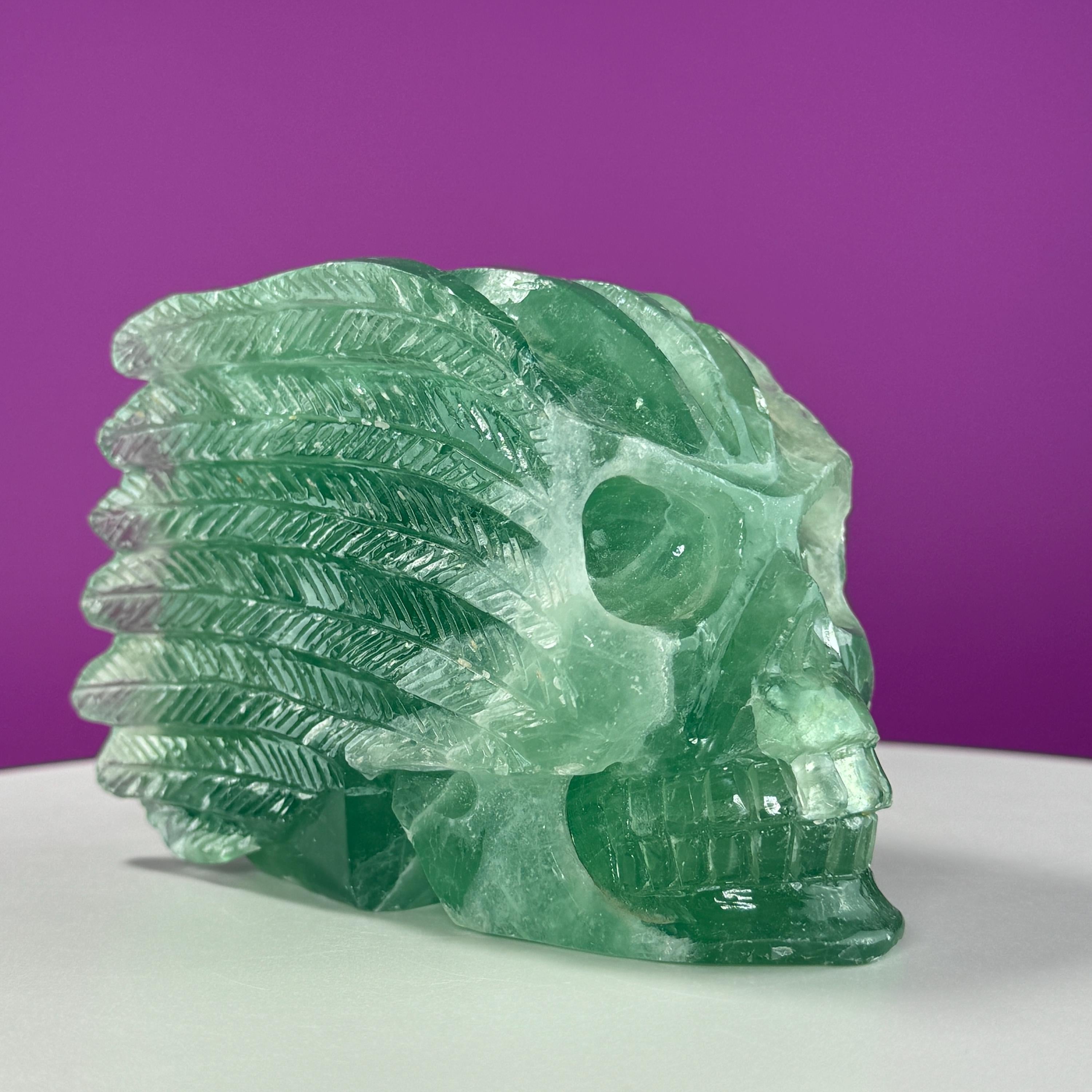 Green Fluorite Collector Skull – 1,743g UV Reactive Statement Carving