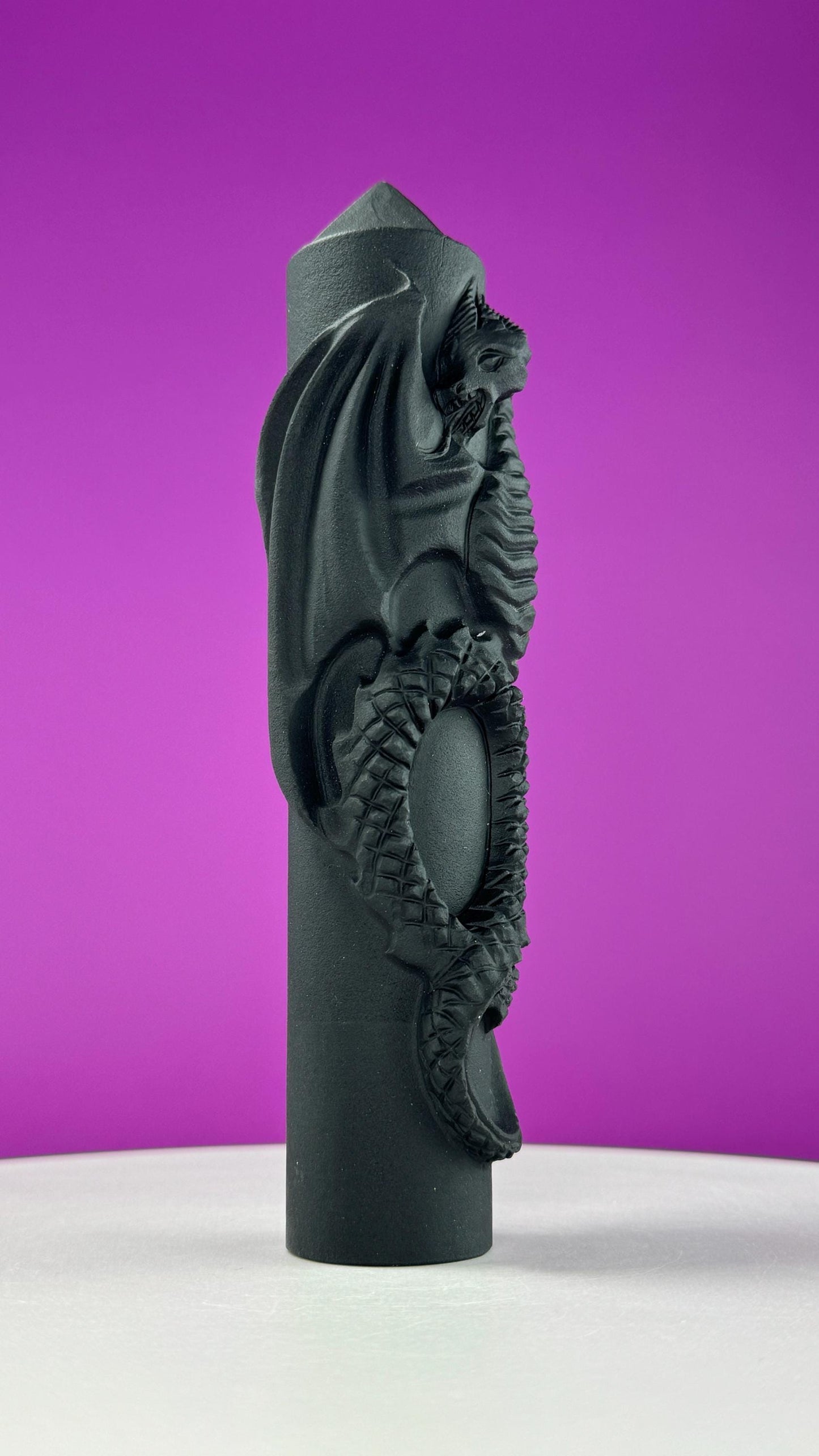 Matte Black Obsidian Dragon Carving Tower