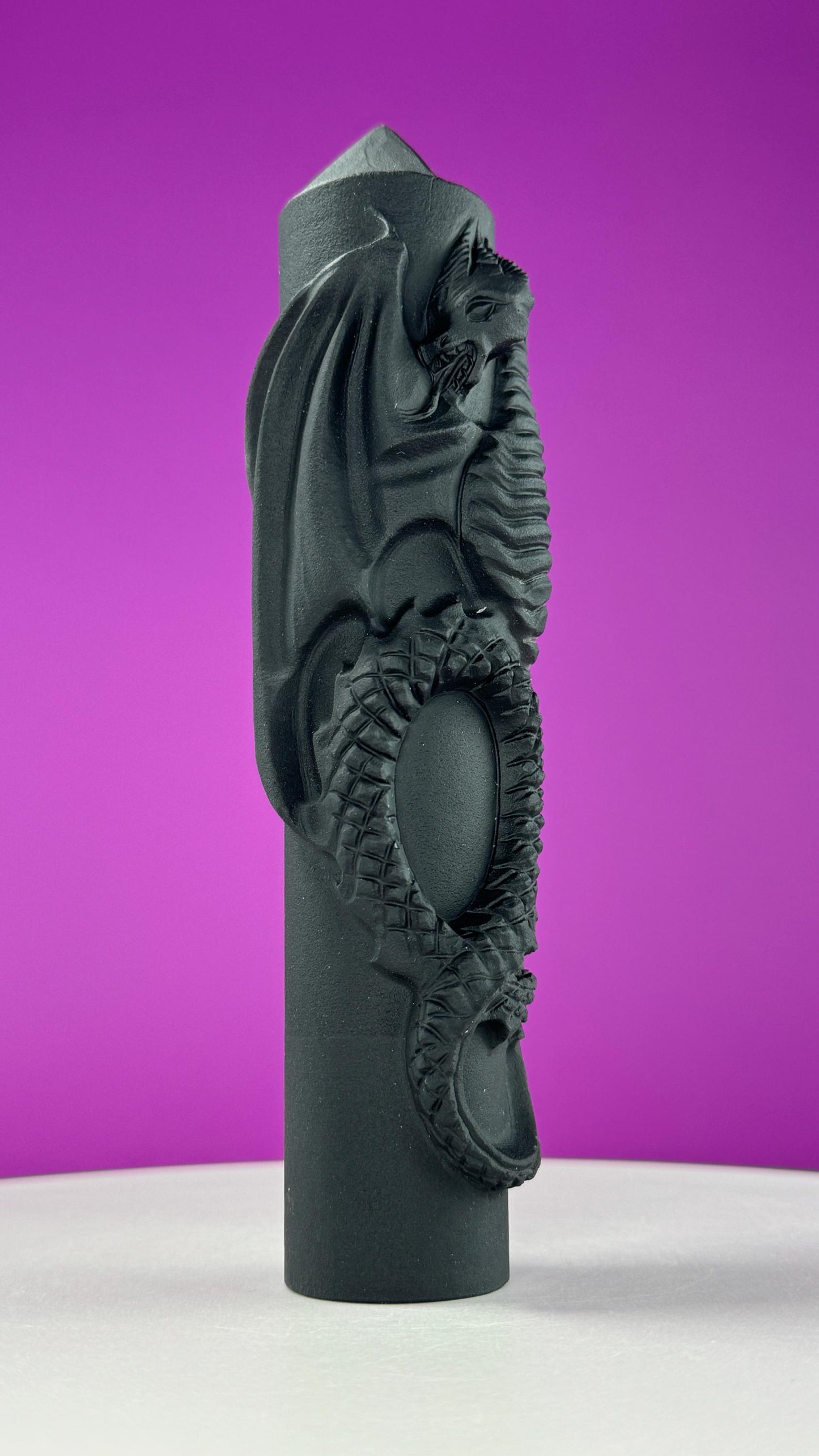 Matte Black Obsidian Dragon Carving Tower