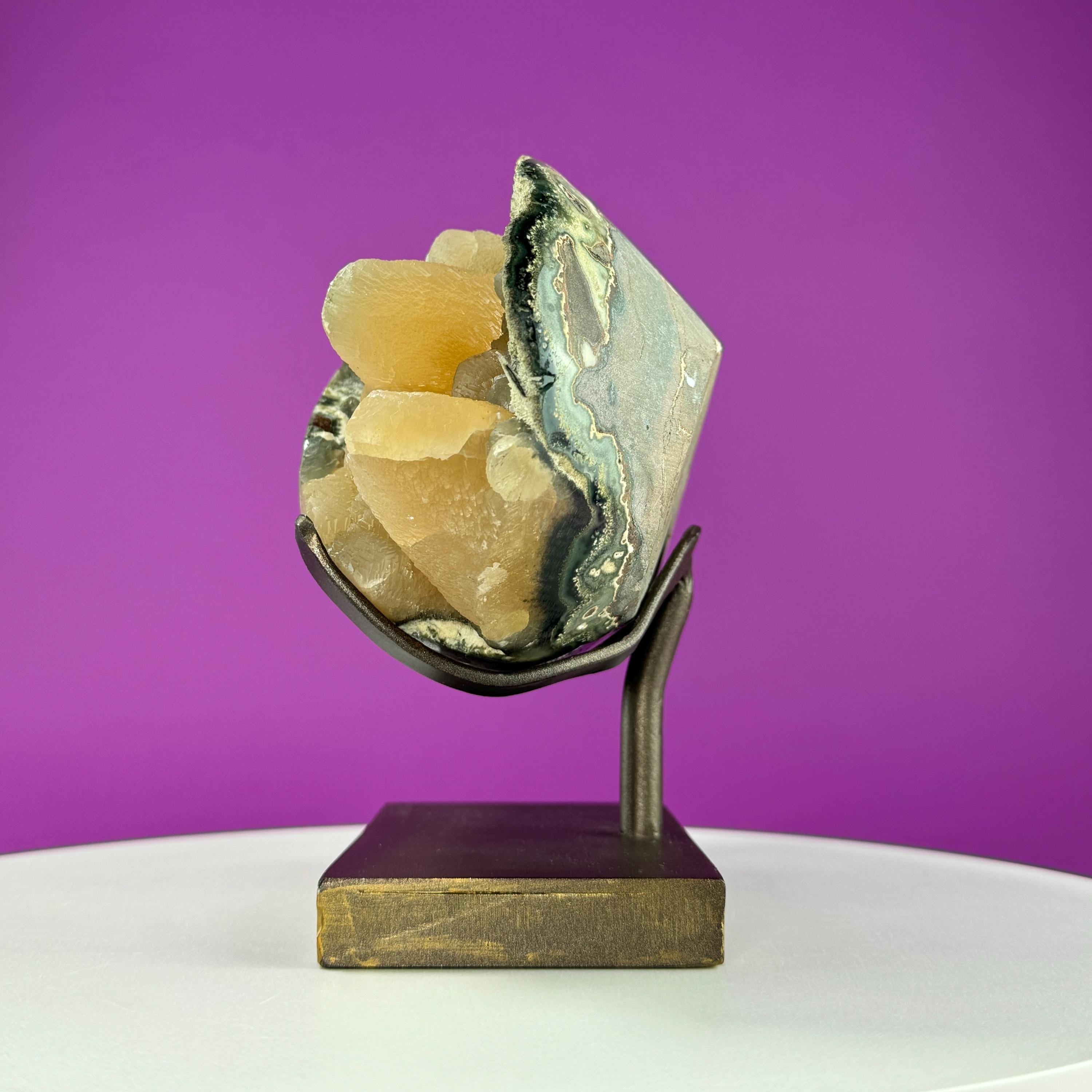 Honey Calcite Specimen from Uruguay with Custom Metal Stand
