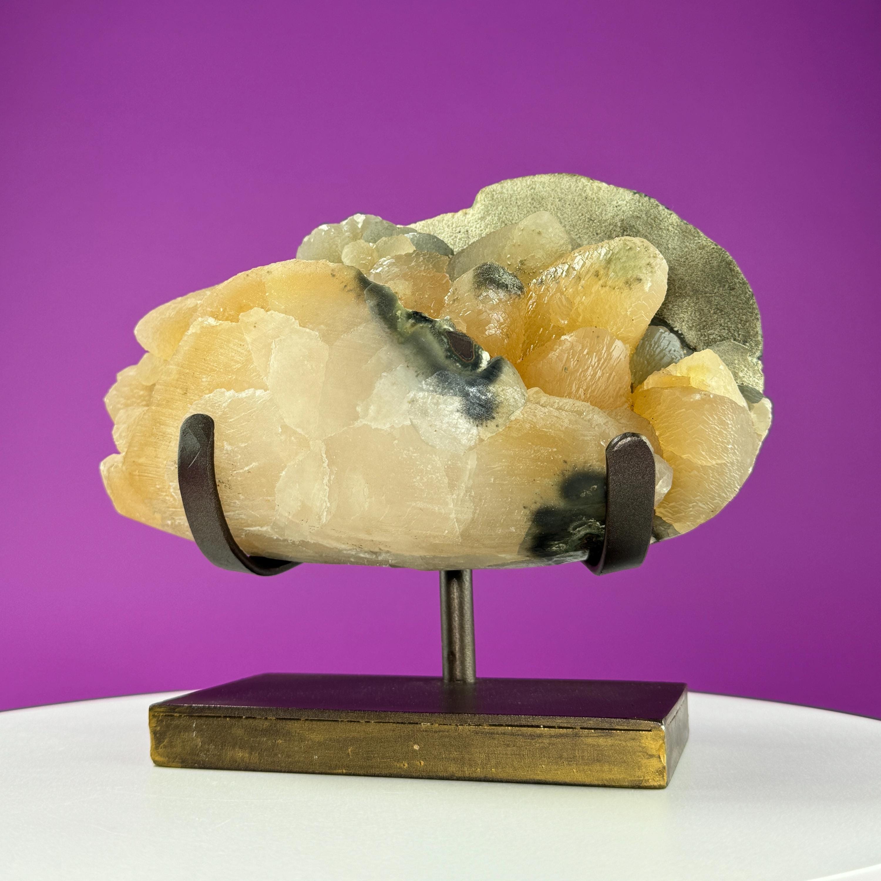 Honey Calcite Specimen from Uruguay with Custom Metal Stand
