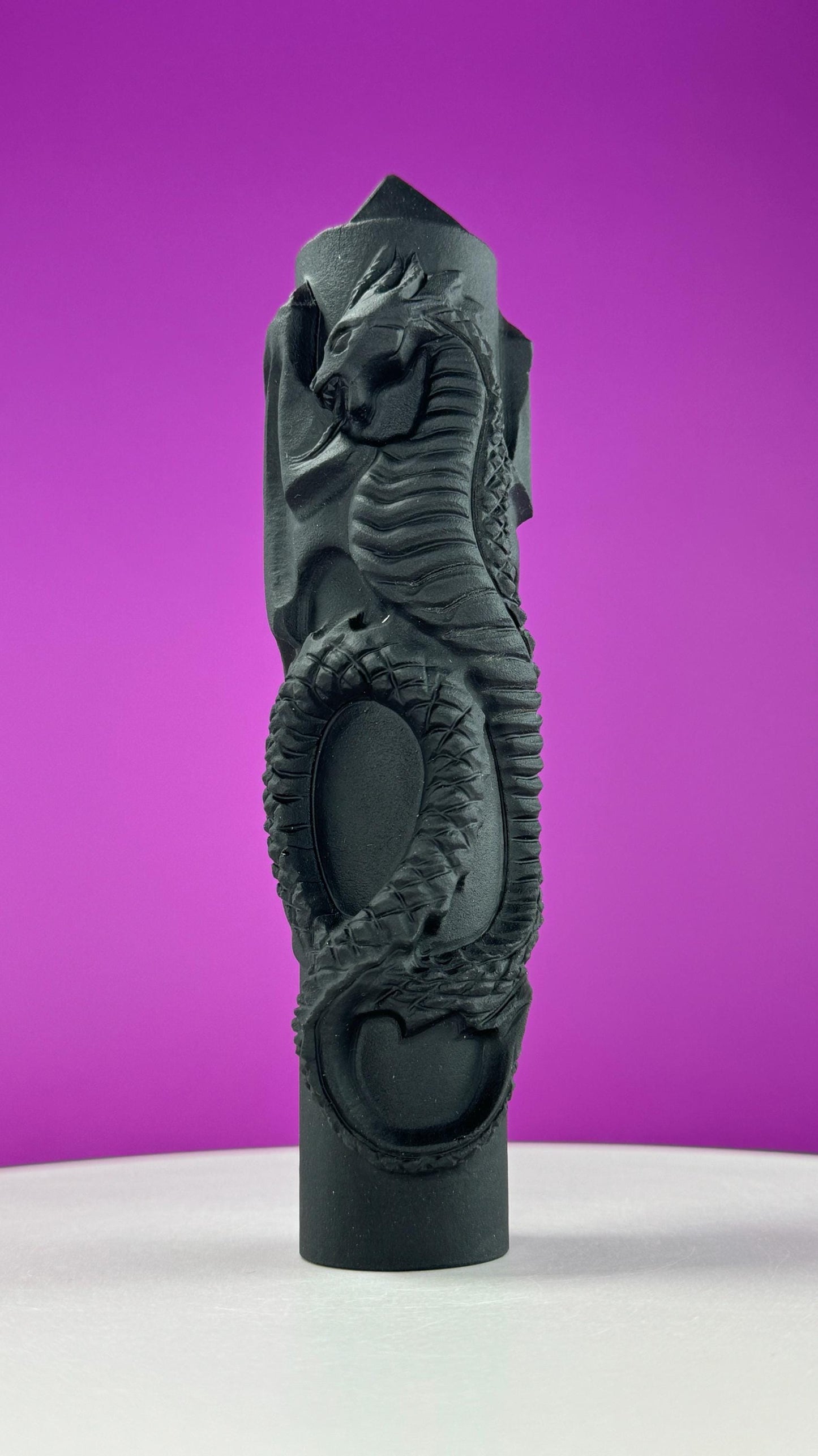 Matte Black Obsidian Dragon Carving Tower