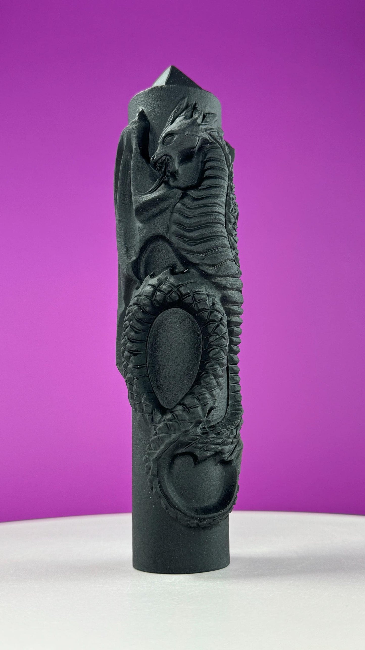 Matte Black Obsidian Dragon Carving Tower