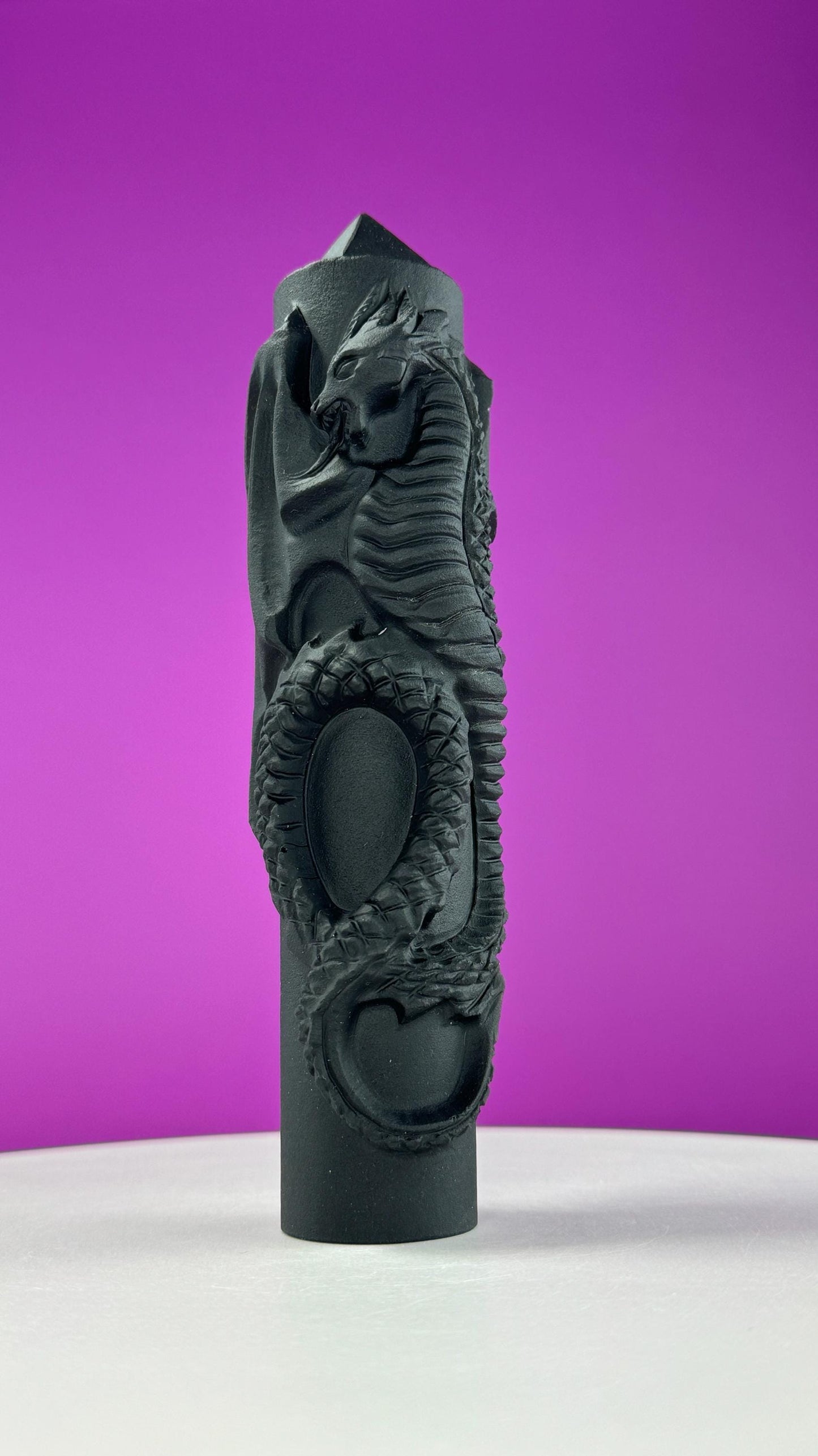 Matte Black Obsidian Dragon Carving Tower