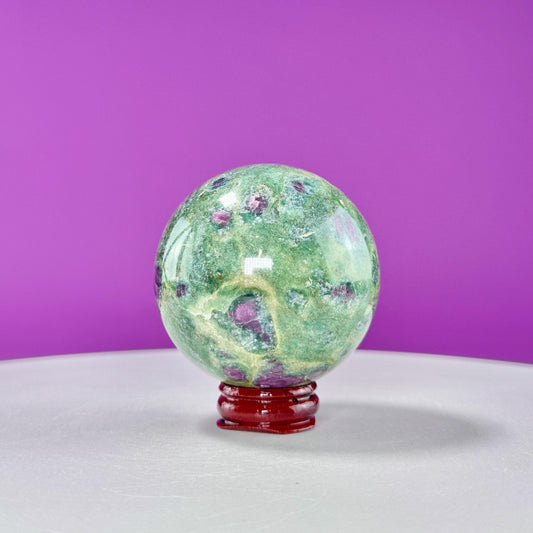 Ruby Fuchsite Sphere (Includes Wood Stand), UV Reactive