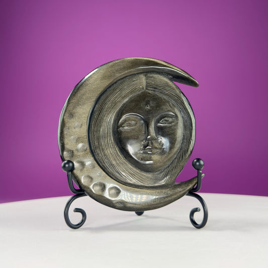 Gold Sheen Obsidian Hecate Moon Goddess Carving (Includes Black Metal Stand)
