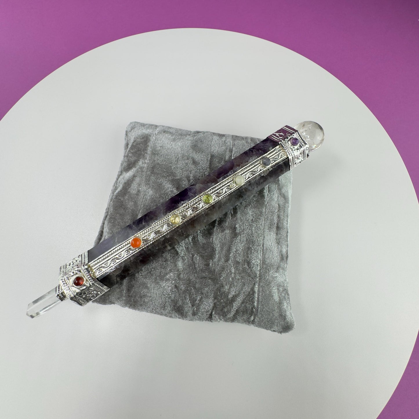 Amethyst Chakra Wand and Silver Velvet Pillow