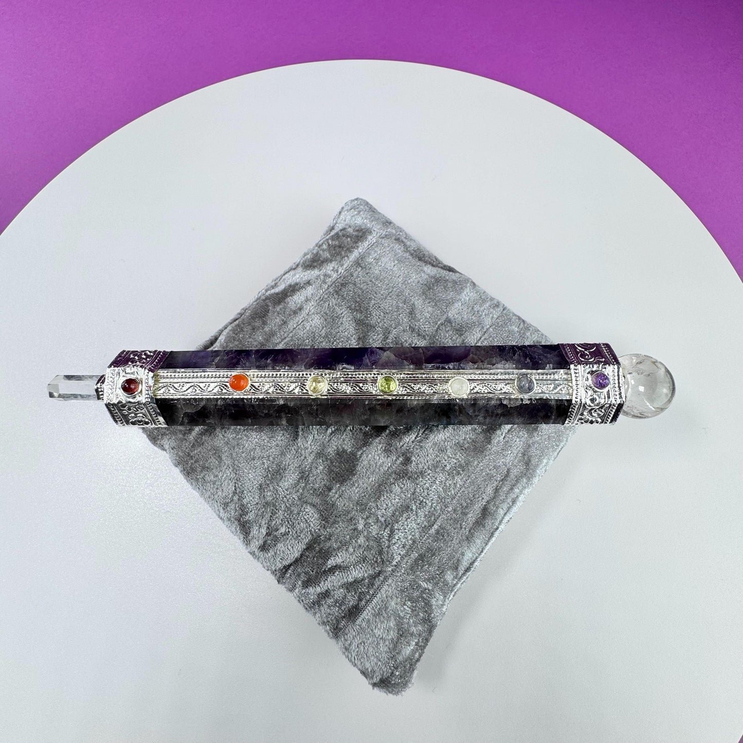 Amethyst Chakra Wand and Silver Velvet Pillow