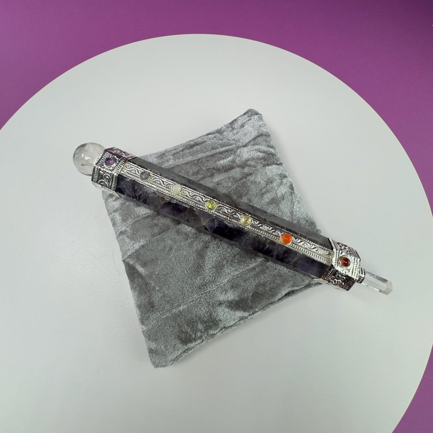 Amethyst Chakra Wand and Silver Velvet Pillow