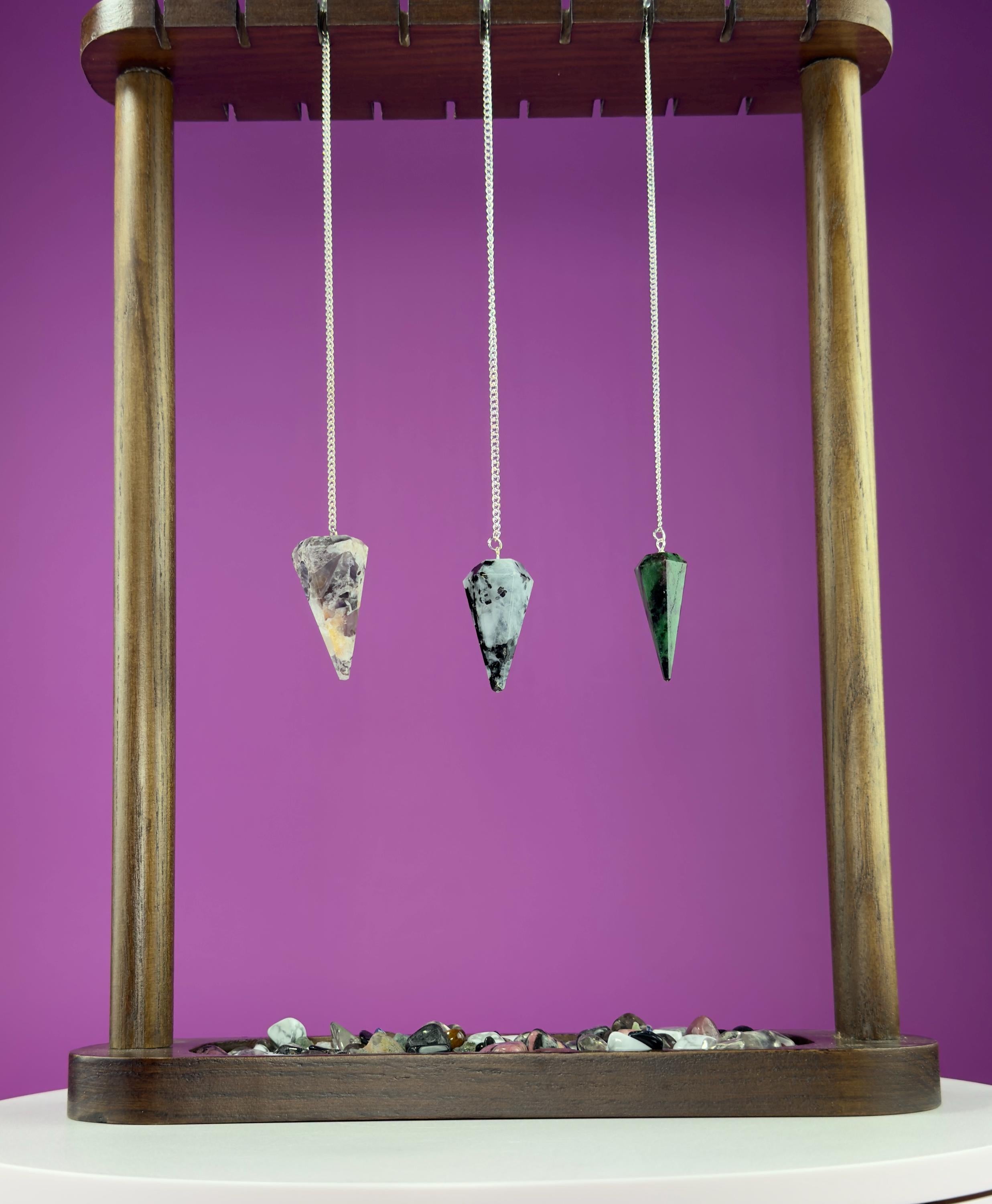 Pendulums: Ruby Zoisite (UV Reactive), Rainbow Moonstone, Dream Amethyst