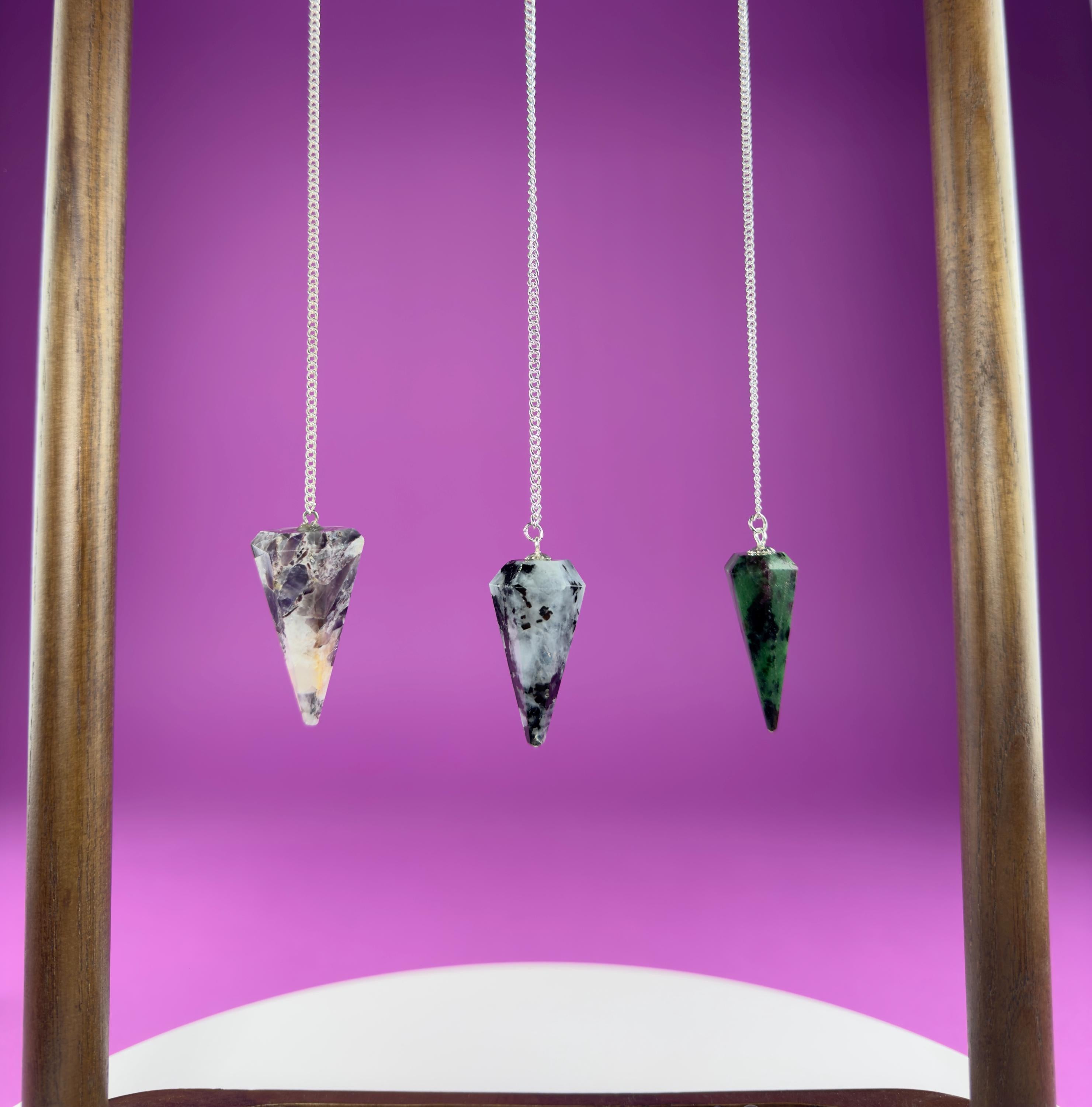 Pendulums: Ruby Zoisite (UV Reactive), Rainbow Moonstone, Dream Amethyst