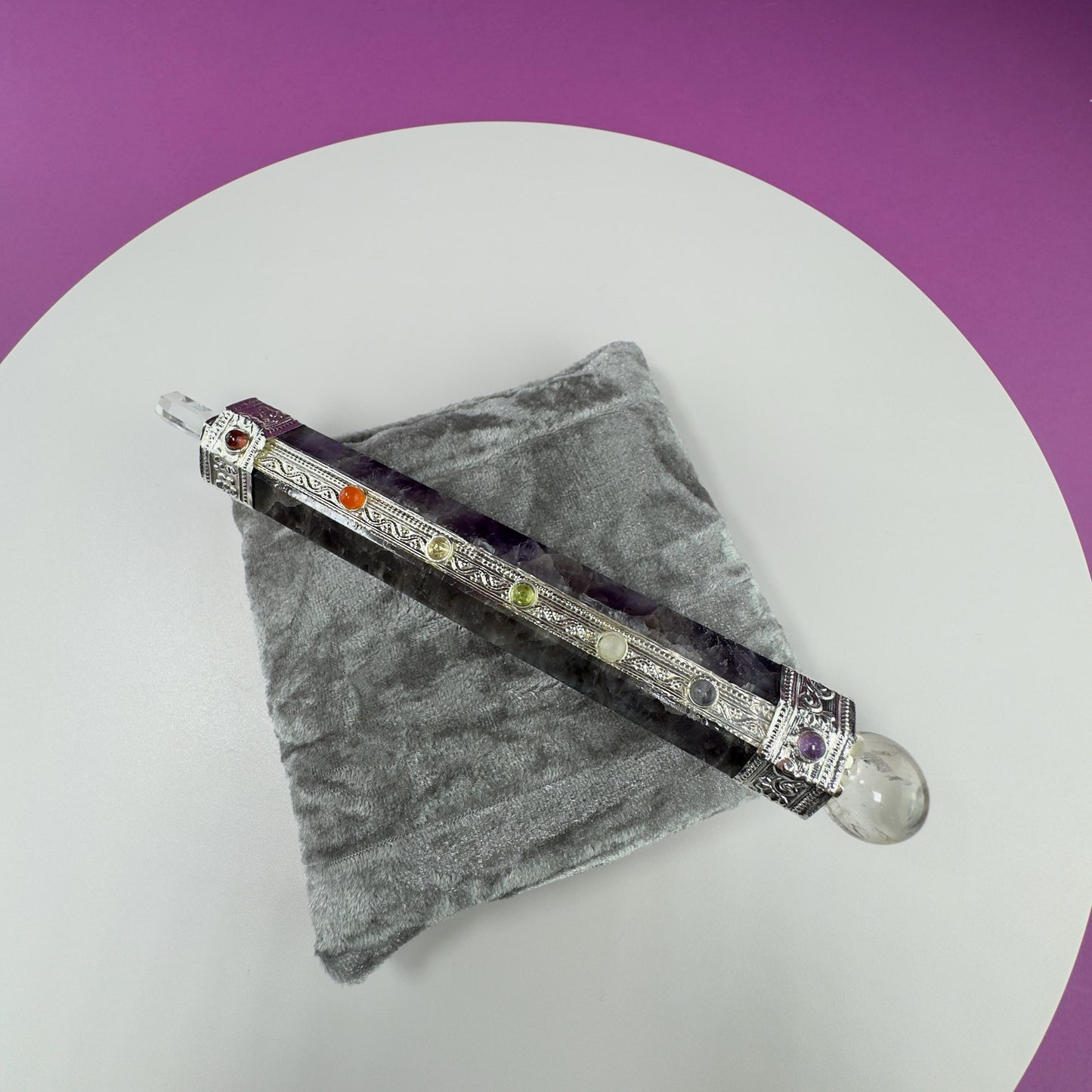 Amethyst Chakra Wand and Silver Velvet Pillow