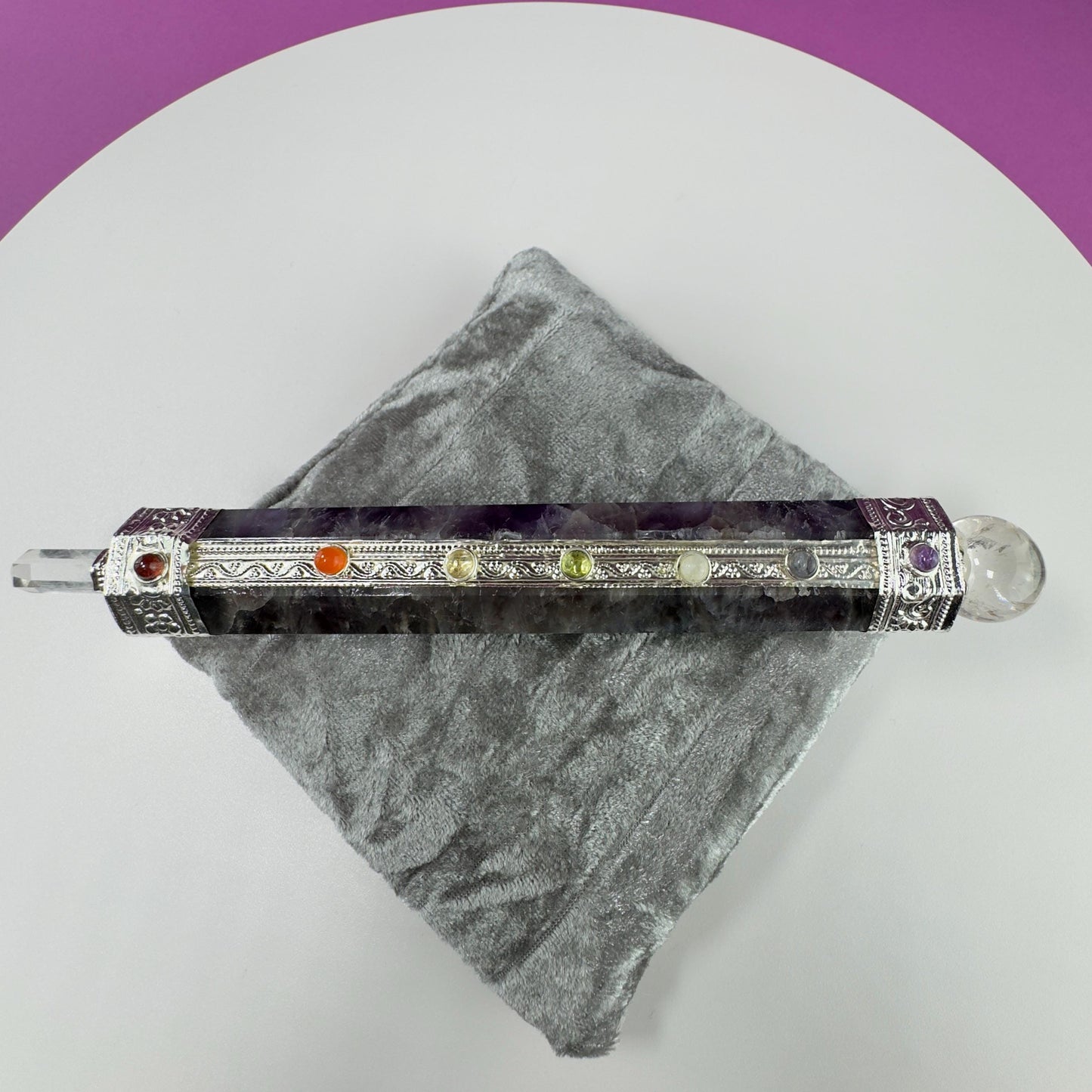 Amethyst Chakra Wand and Silver Velvet Pillow