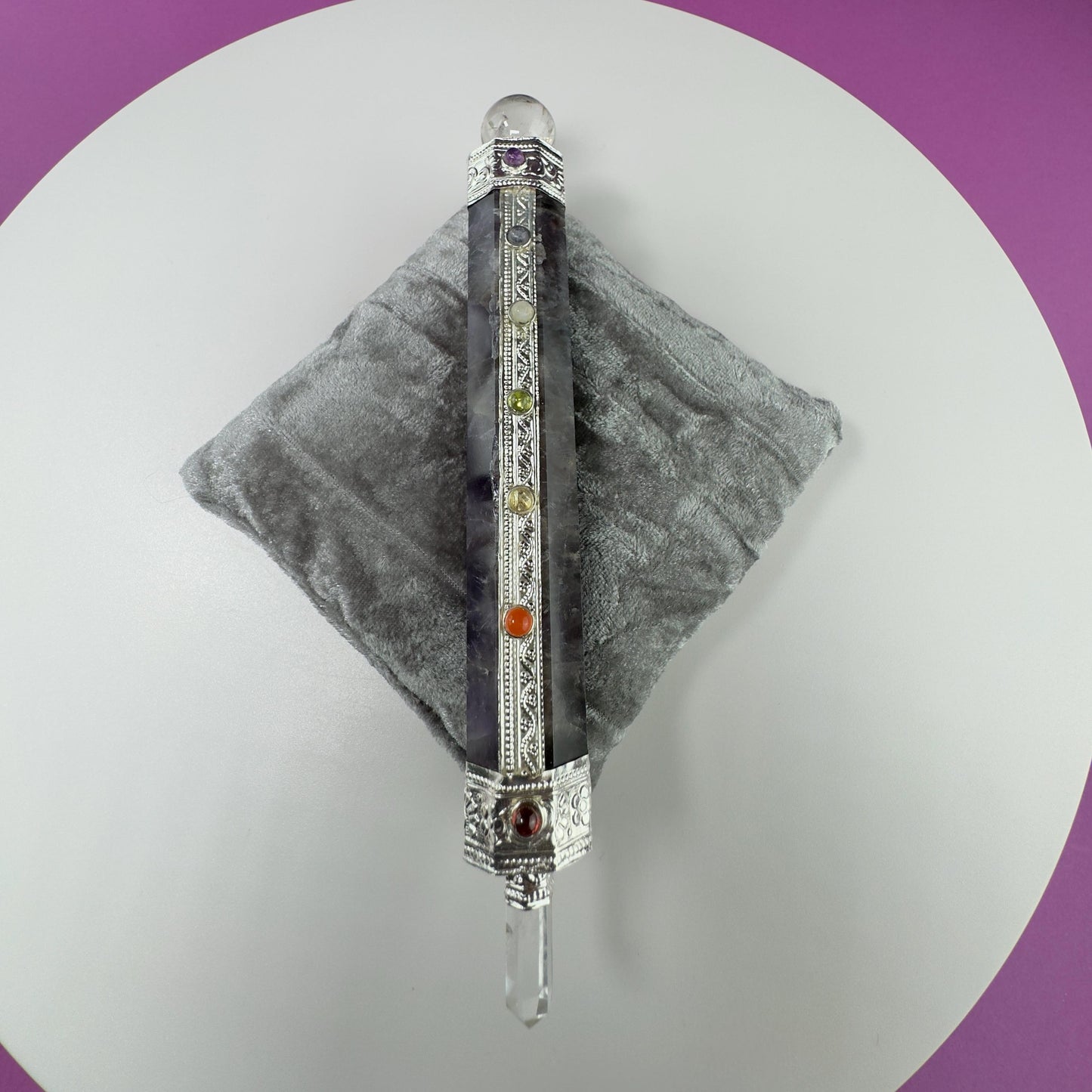Amethyst Chakra Wand and Silver Velvet Pillow