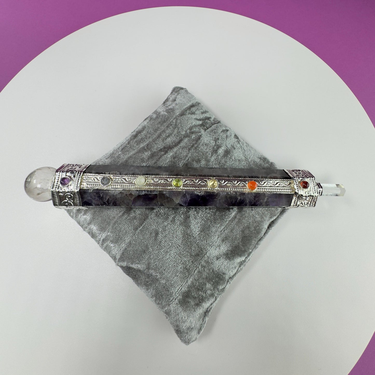 Amethyst Chakra Wand and Silver Velvet Pillow