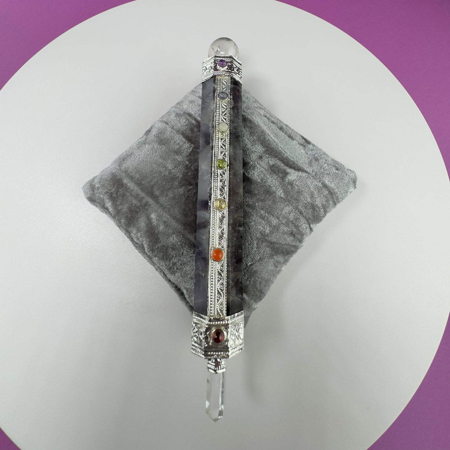 Amethyst Chakra Wand and Silver Velvet Pillow