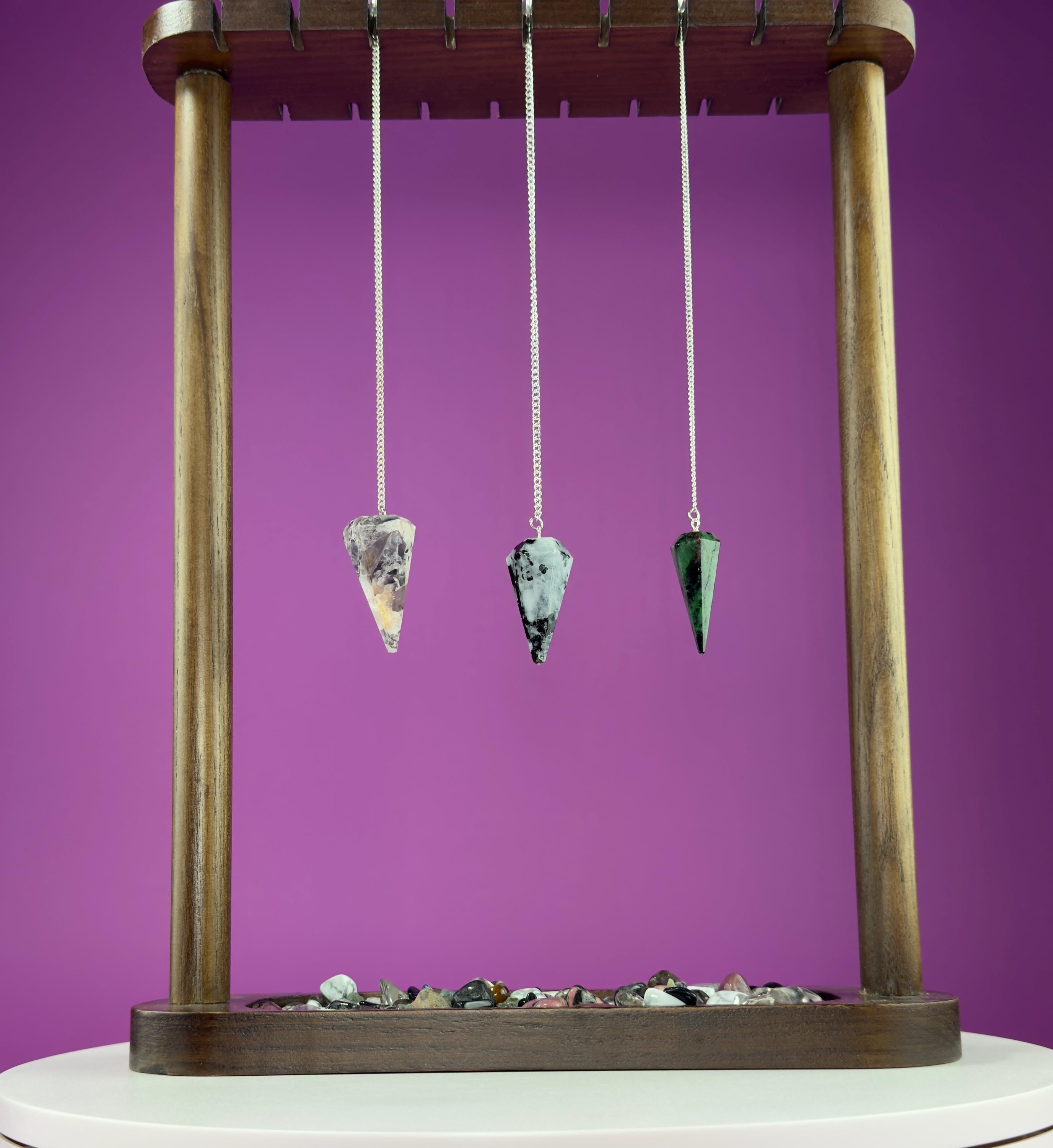 Pendulums: Ruby Zoisite (UV Reactive), Rainbow Moonstone, Dream Amethyst