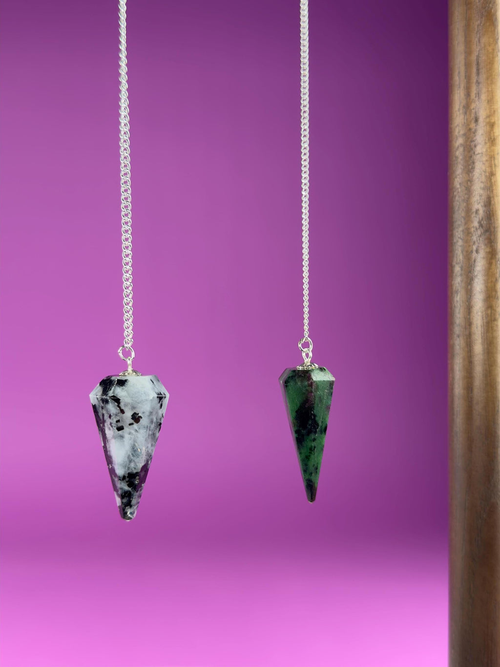Pendulums: Ruby Zoisite (UV Reactive), Rainbow Moonstone, Dream Amethyst