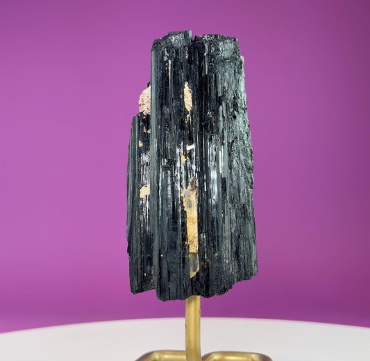 Black Tourmaline Specimen on Gold Stand