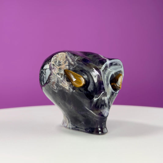 Dream Amethyst Alien Skull with Tiger Eyes, Chevron Amethyst Alien, Crystal Alien