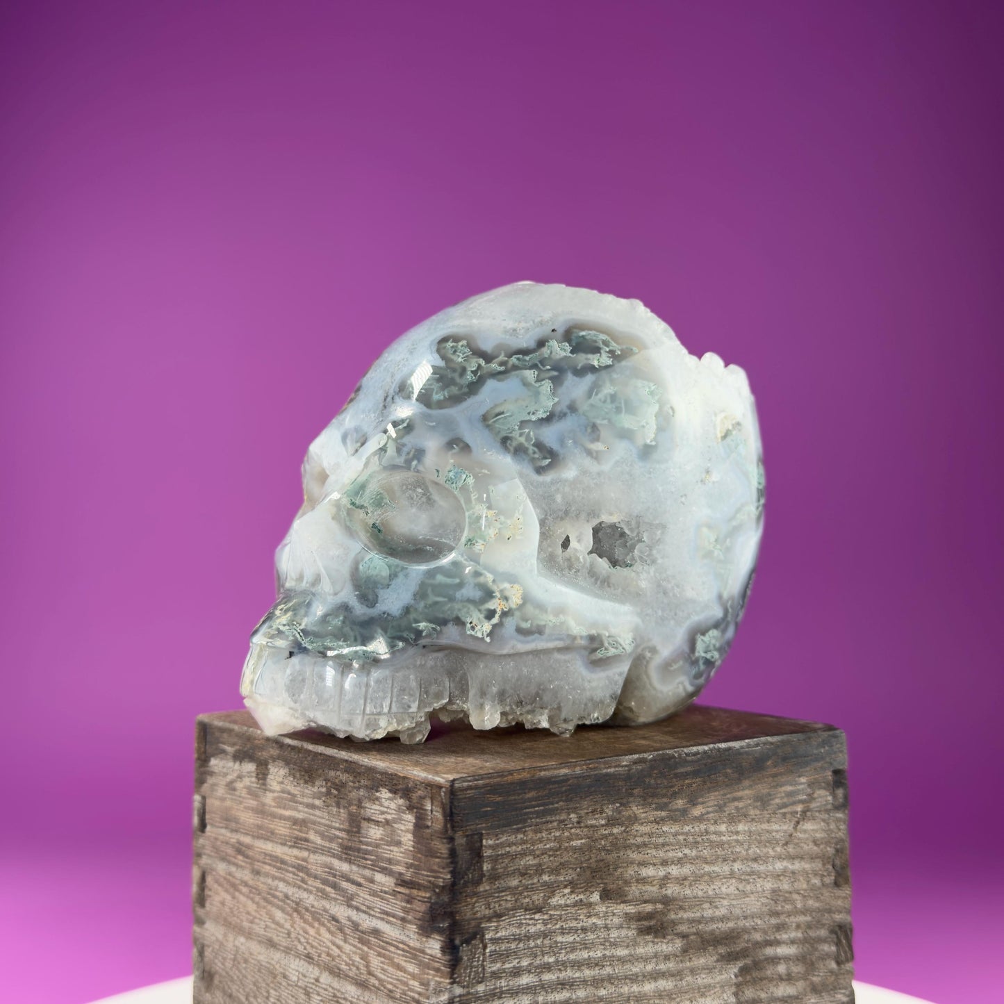 Moss Agate Skull with Druzy, 3+Pounds