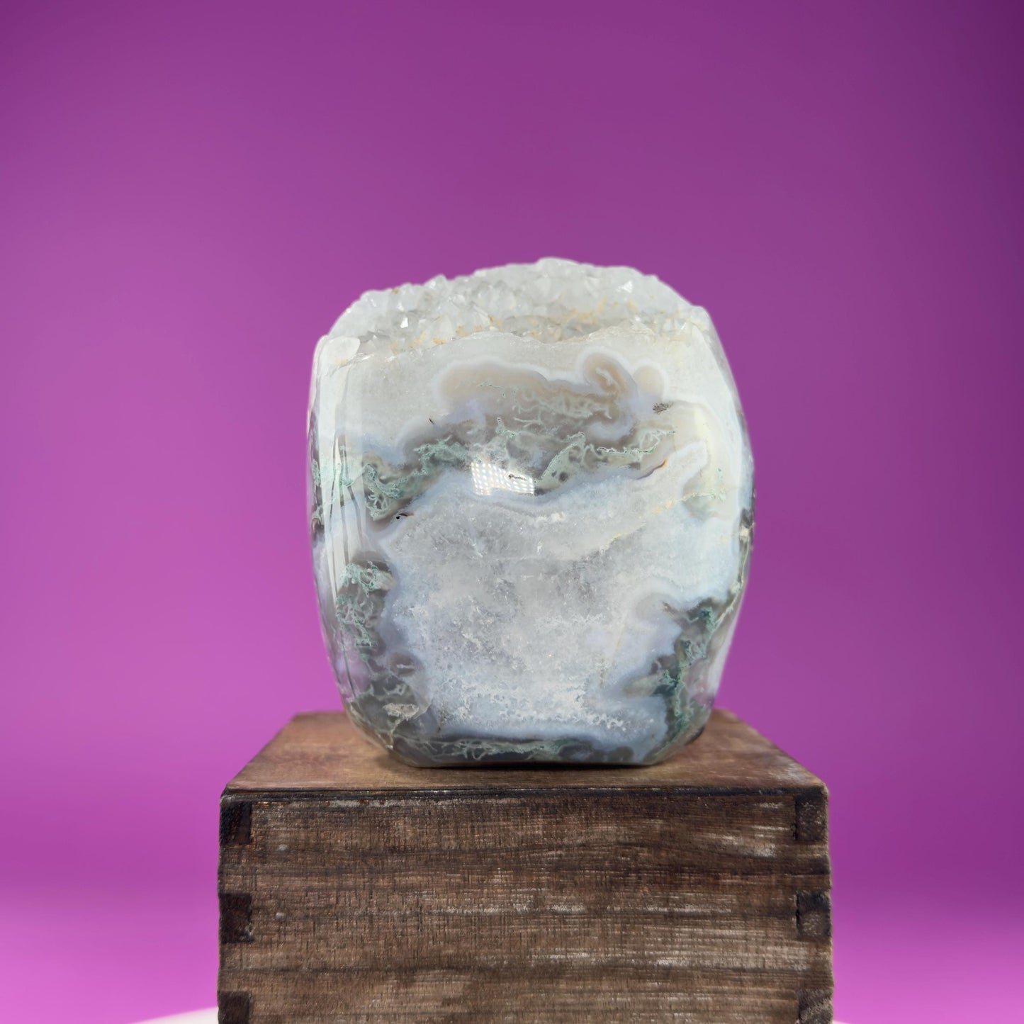 Moss Agate Skull with Druzy, 3+Pounds