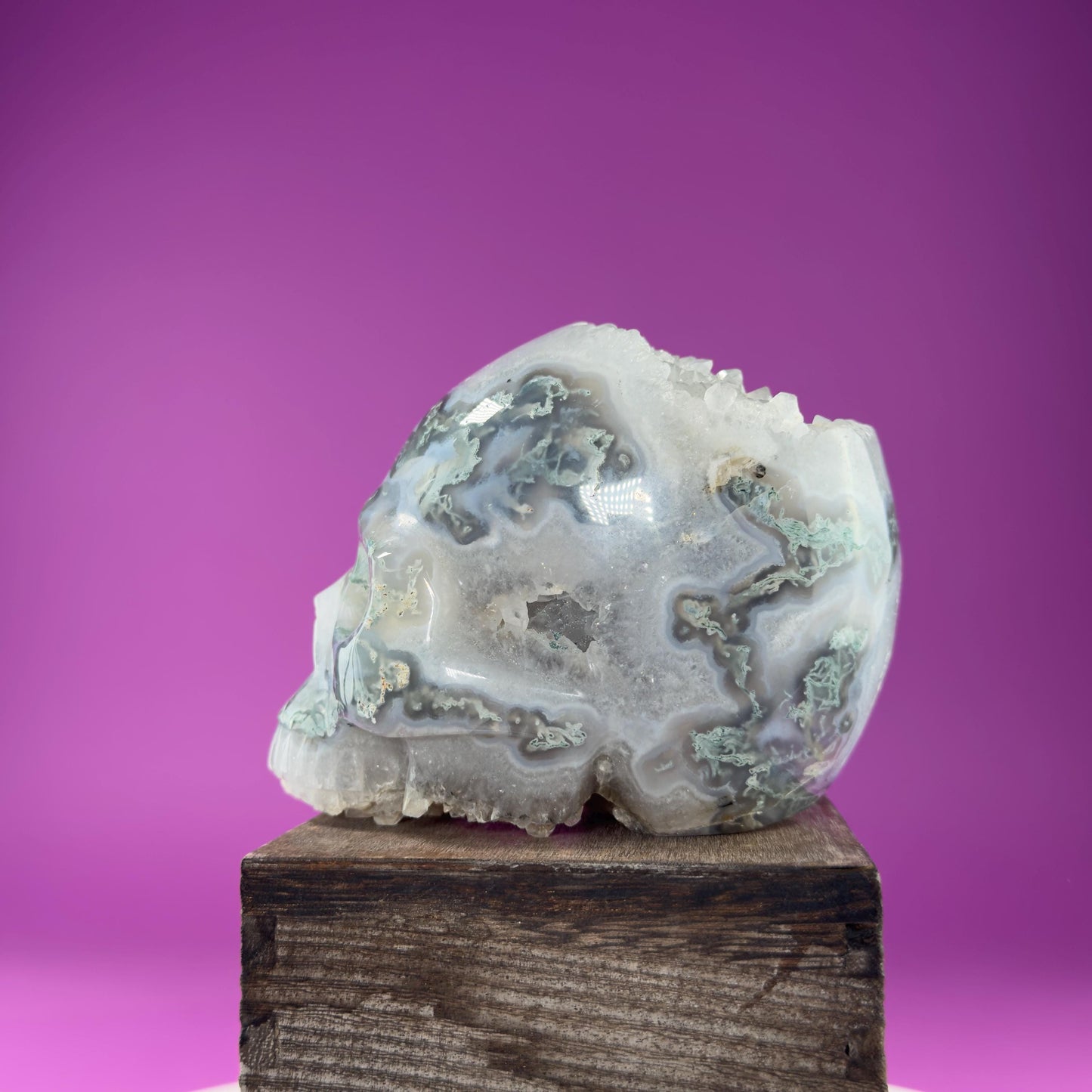 Moss Agate Skull with Druzy, 3+Pounds
