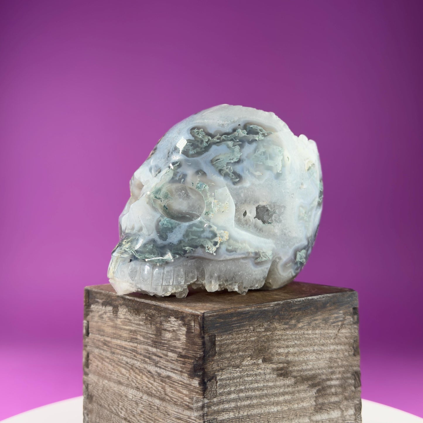 Moss Agate Skull with Druzy, 3+Pounds
