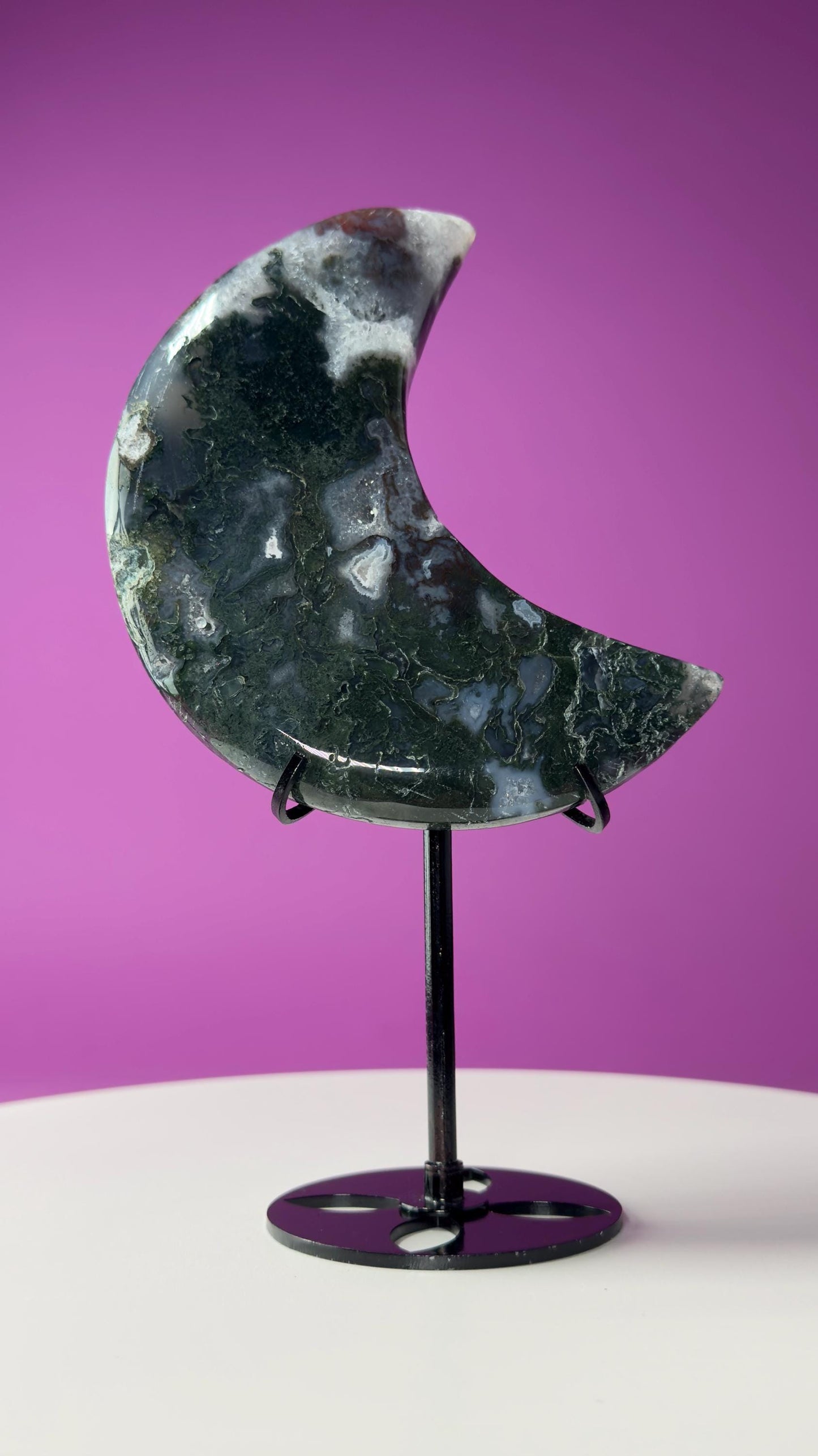 Moss Agate Moon (Includes Black Metal Stand)