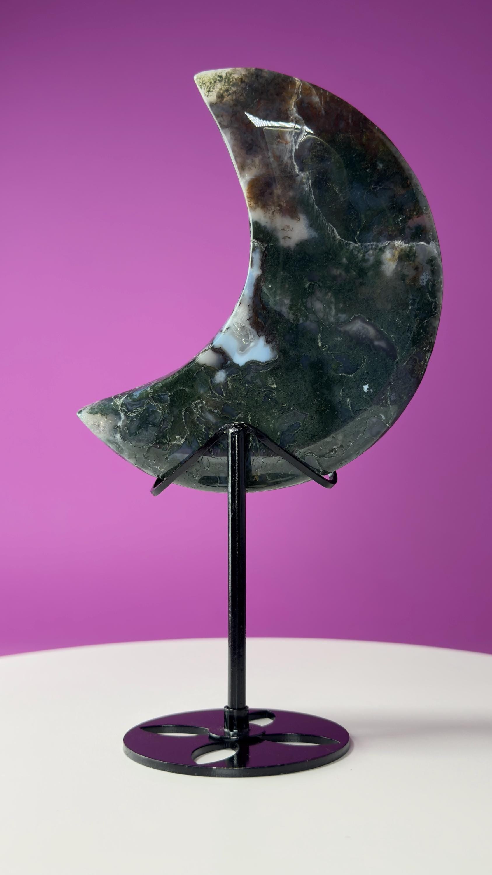 Moss Agate Moon (Includes Black Metal Stand)