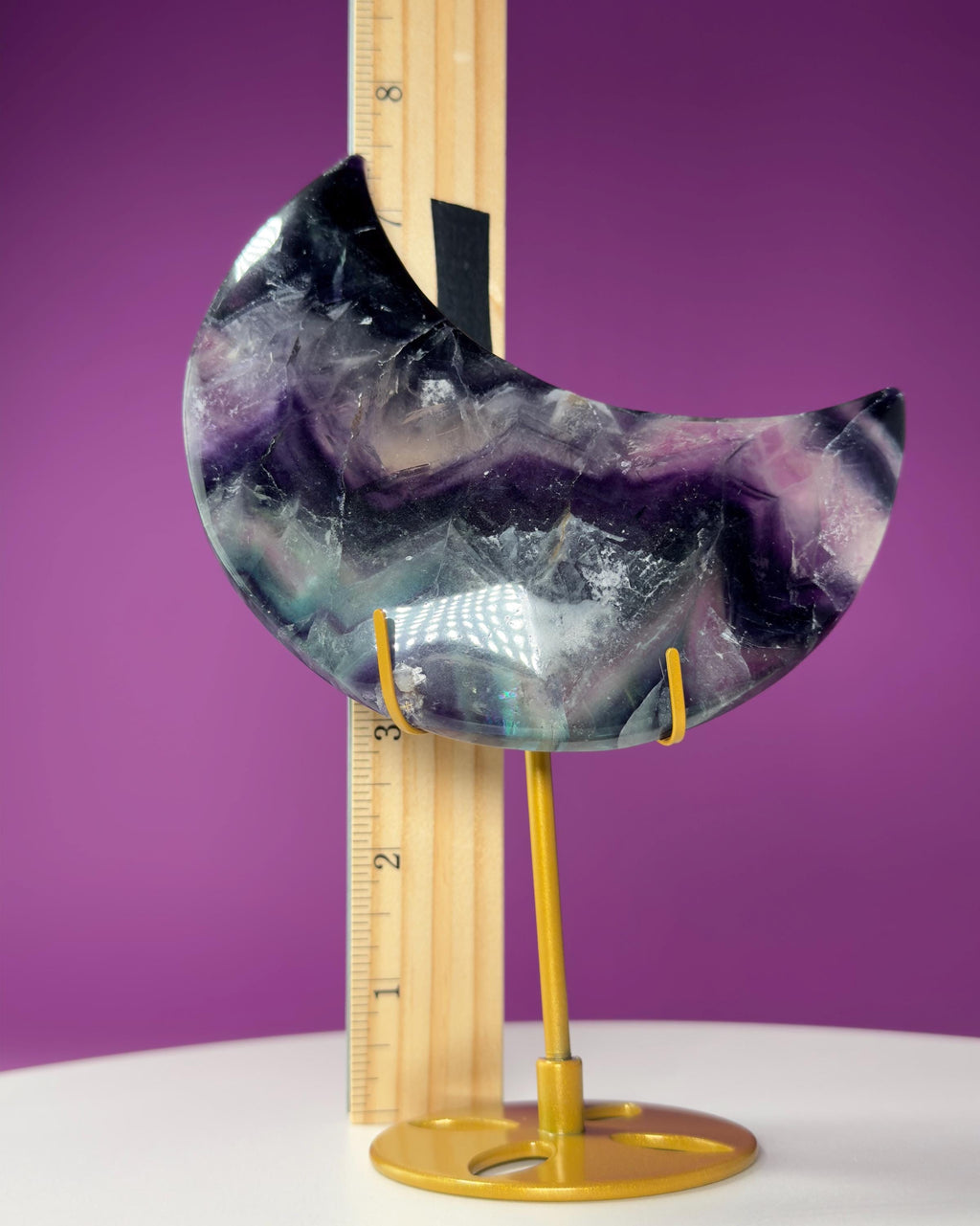 Fluorite Moon Carving (Includes Gold Metal Stand)