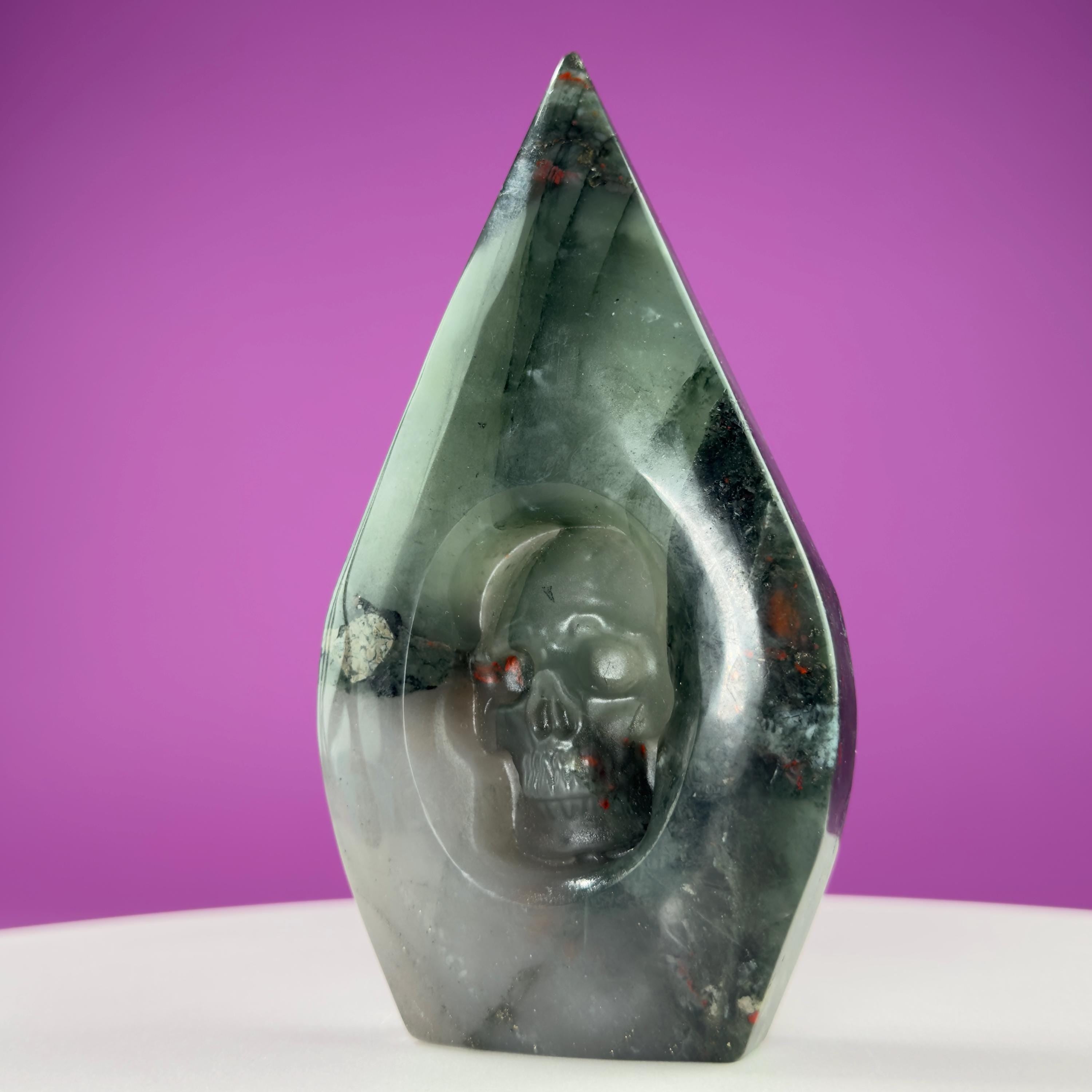 African Bloodstone Skull Flame Carving – 370g Crystal Skull