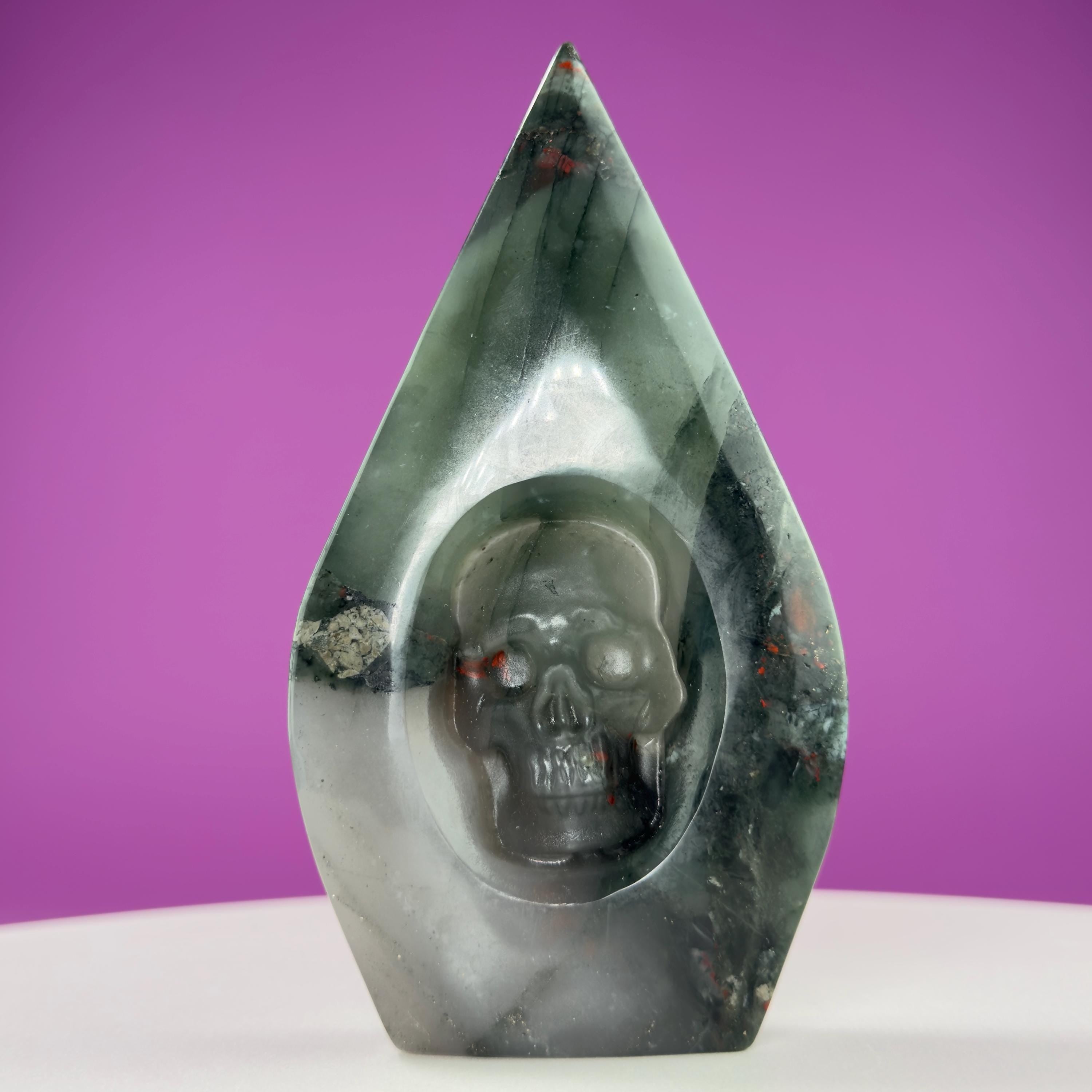 African Bloodstone Skull Flame Carving – 370g Crystal Skull