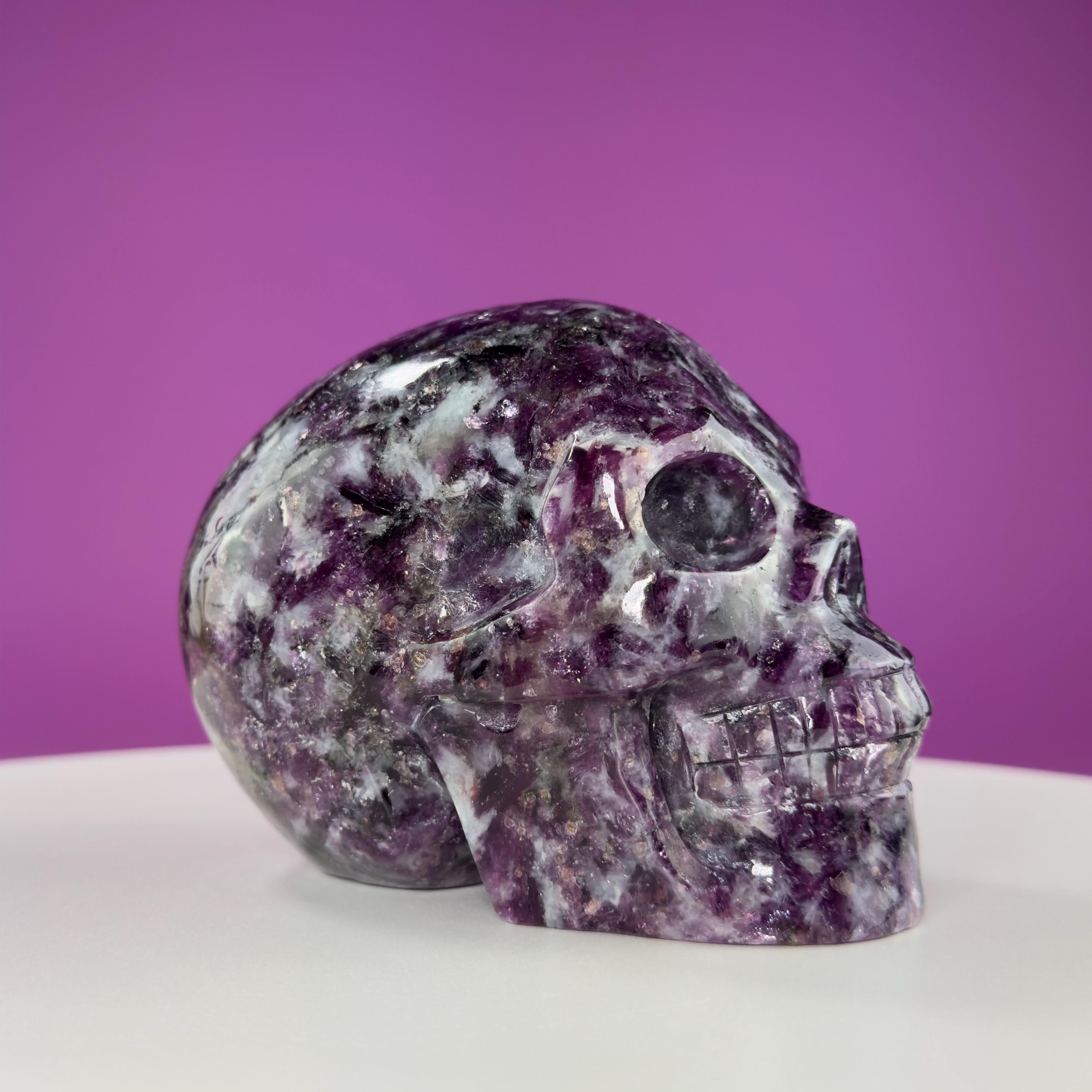 Gem Lepidolite & Smoky Quartz Collector Skull – 1,061g High Gloss