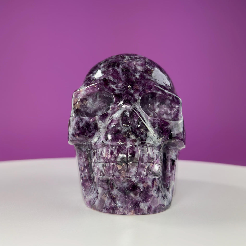 Gem Lepidolite & Smoky Quartz Collector Skull – 1,061g High Gloss