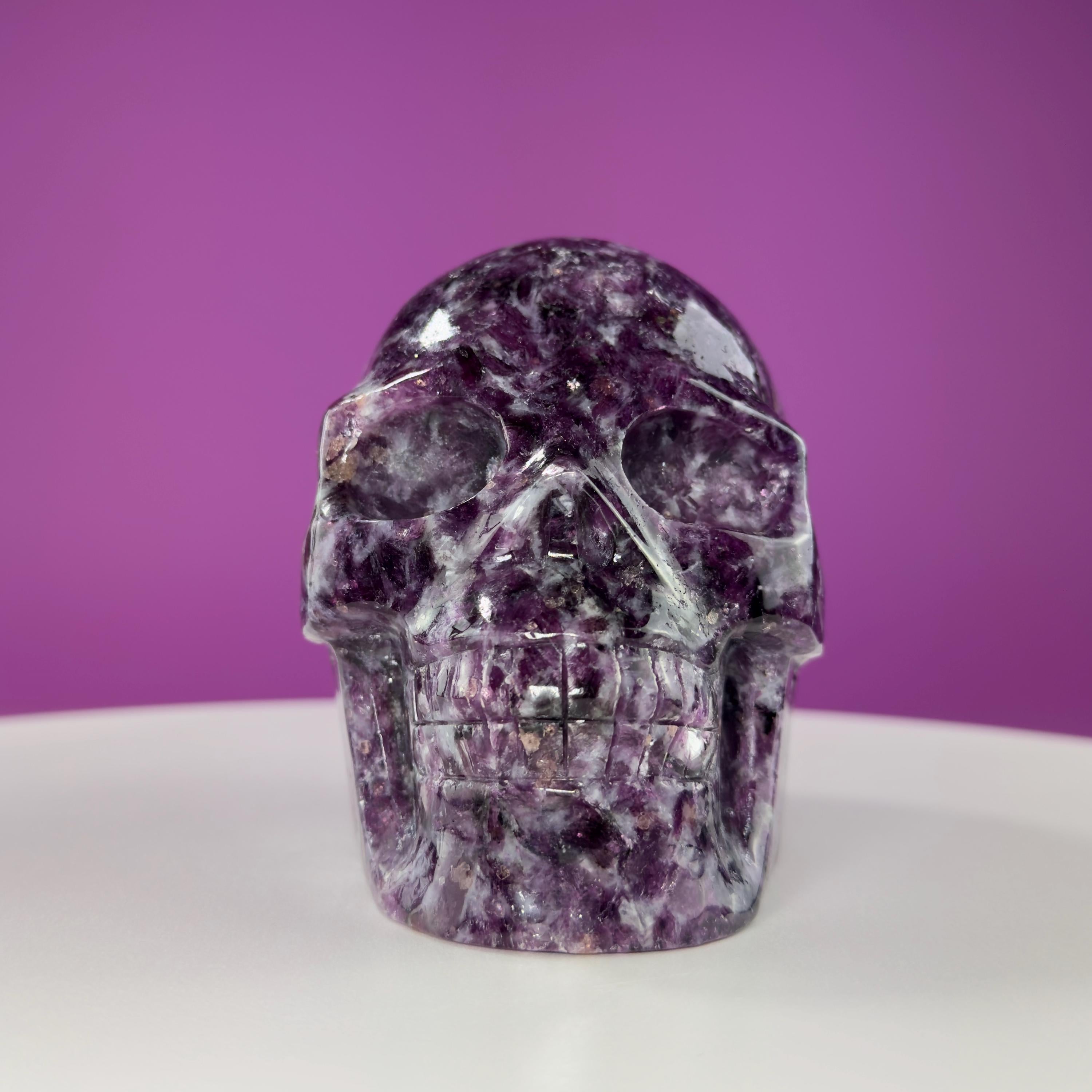 Gem Lepidolite & Smoky Quartz Collector Skull – 1,061g High Gloss